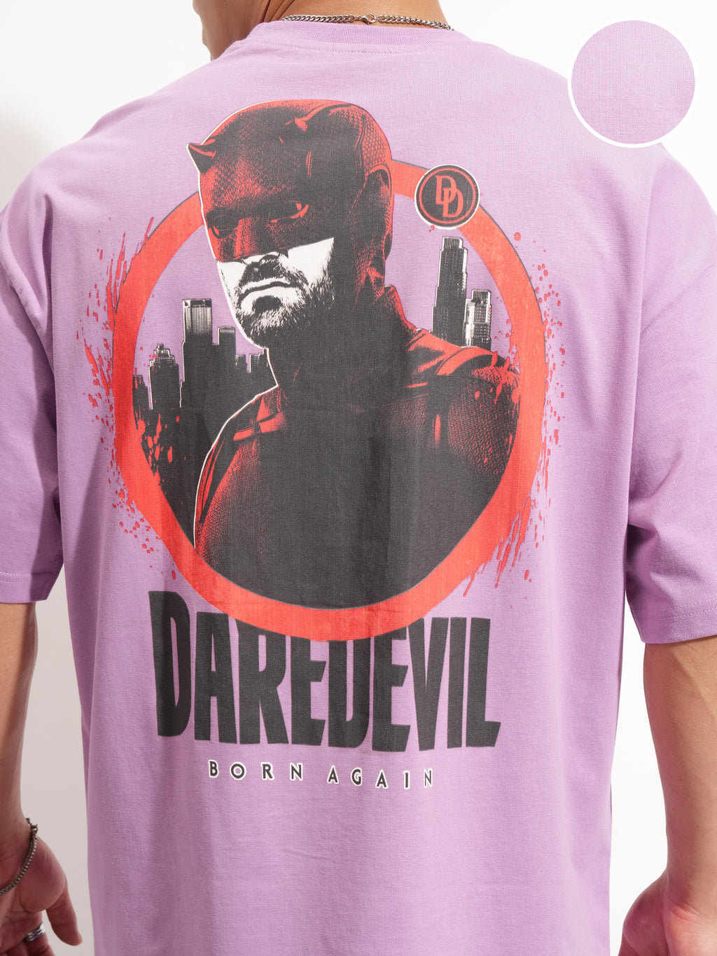 Marvel By Highlander Men Lavender Dare Devil Printed Round Neck Oversized Fit T-Shirt - Lavender - Image 5