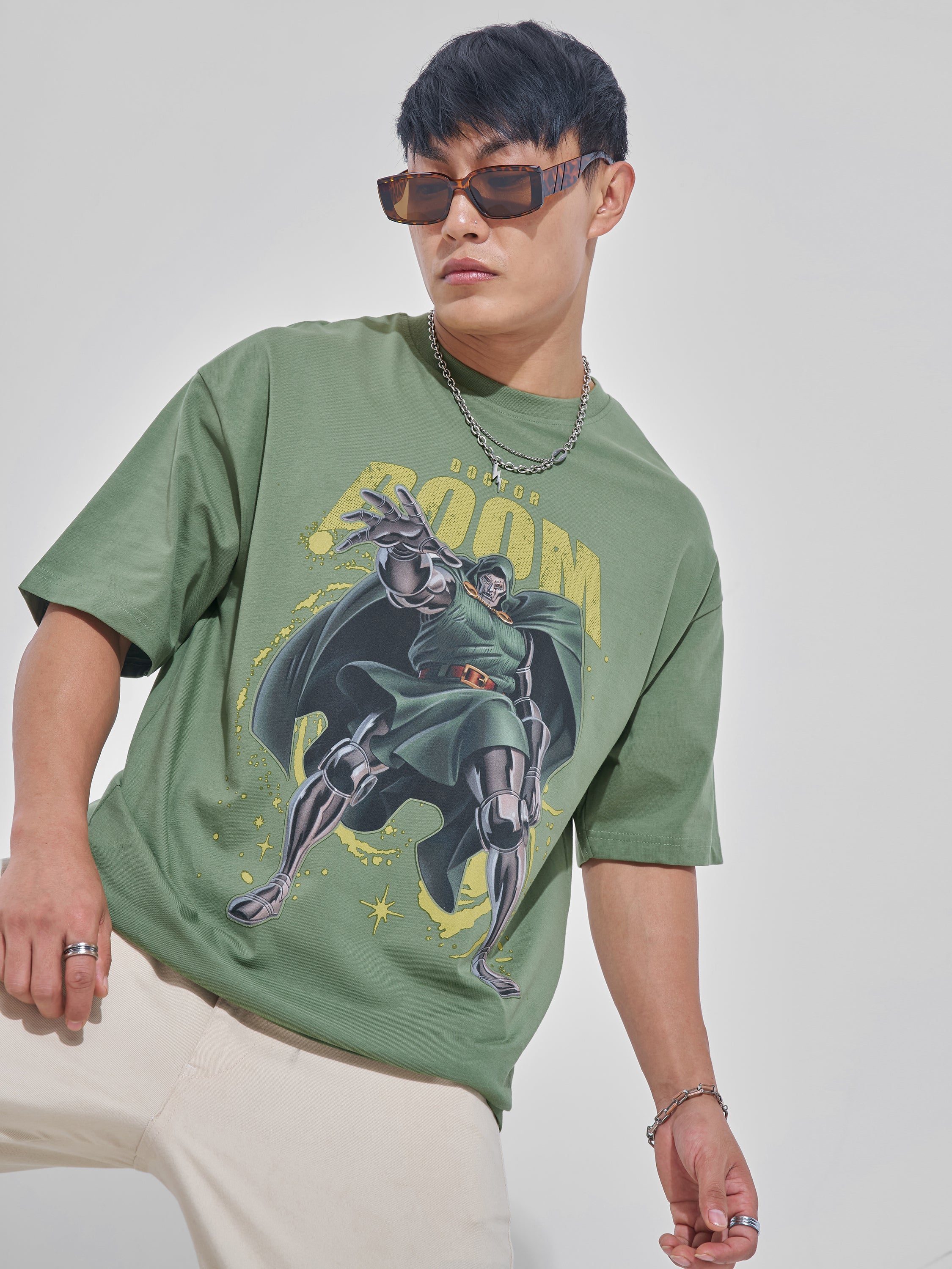 Marvel By Highlander Men Green Doctor Doom Printed Round Neck Oversized Fit T-Shirt - Green - Image 1