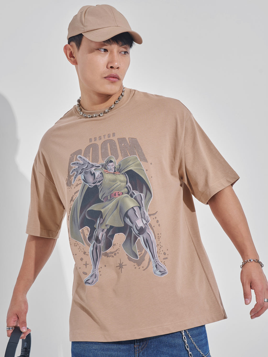 Marvel By Highlander Men Brown Doctor Doom Printed Round Neck Oversized Fit T-Shirt - Brown - Image 1