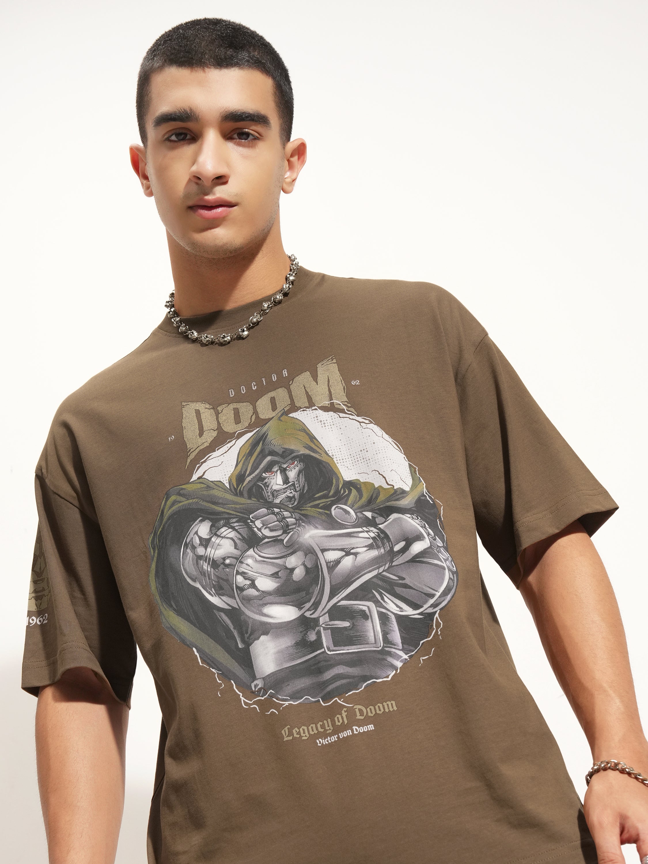 Marvel By Highlander Men Khaki Doctor Doom Printed Round Neck Oversized Fit T-Shirt - Khaki - Image 1