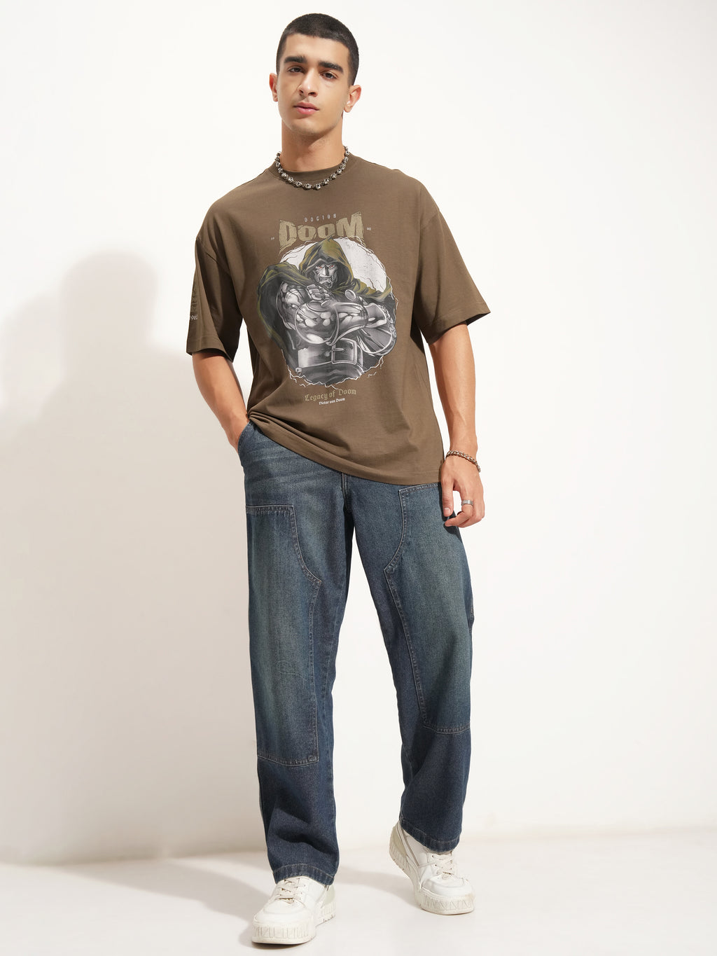 Marvel By Highlander Men Khaki Doctor Doom Printed Round Neck Oversized Fit T-Shirt - Khaki - Image 2