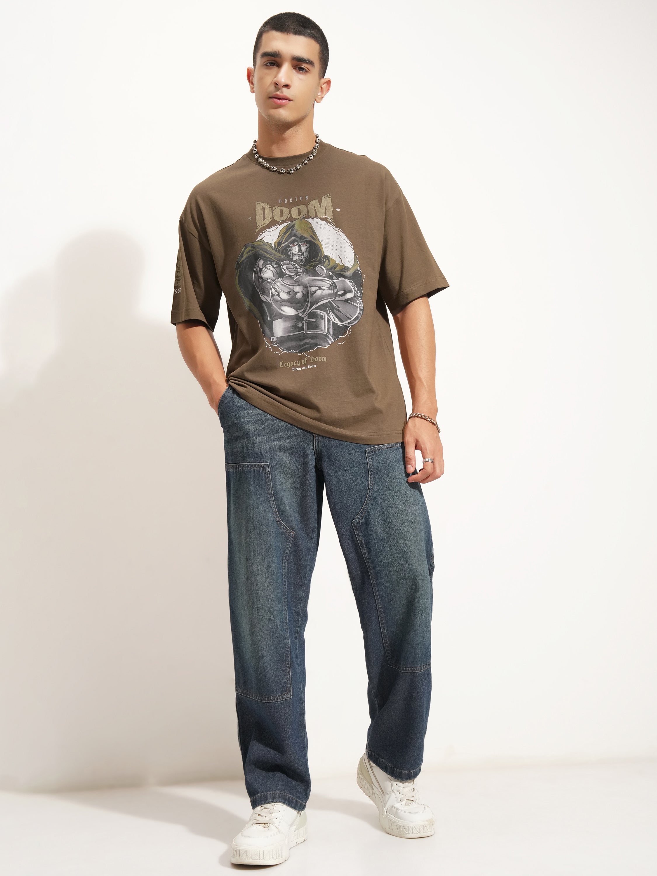 Marvel By Highlander Men Khaki Doctor Doom Printed Round Neck Oversized Fit T-Shirt - Khaki - Image 2