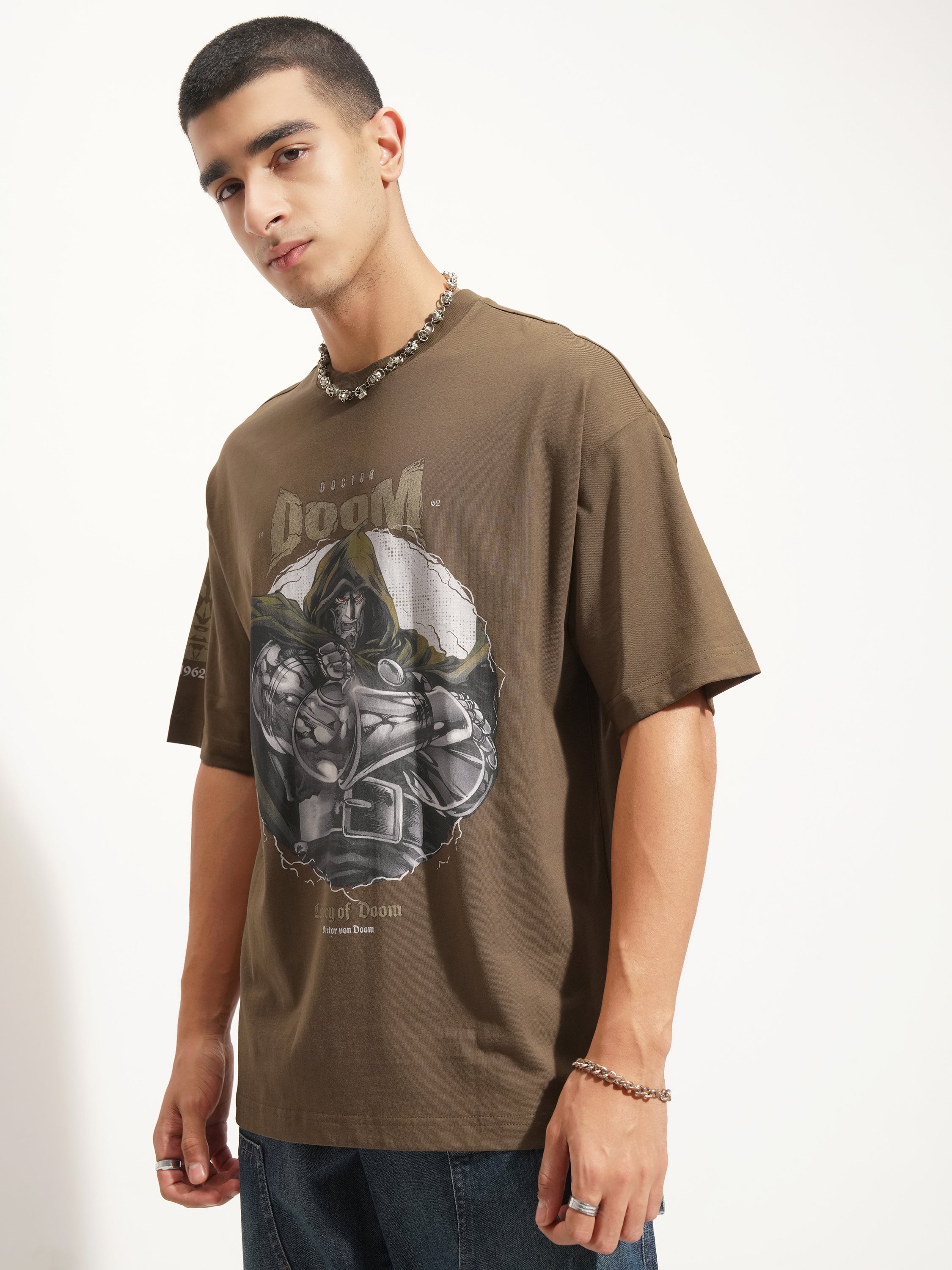 Marvel By Highlander Men Khaki Doctor Doom Printed Round Neck Oversized Fit T-Shirt - Khaki - Image 4