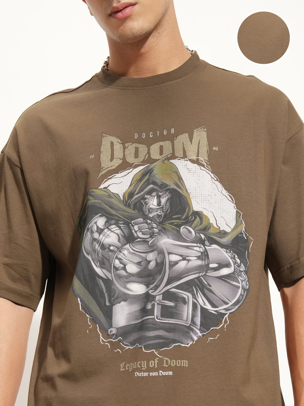 Marvel By Highlander Men Khaki Doctor Doom Printed Round Neck Oversized Fit T-Shirt - Khaki - Image 5