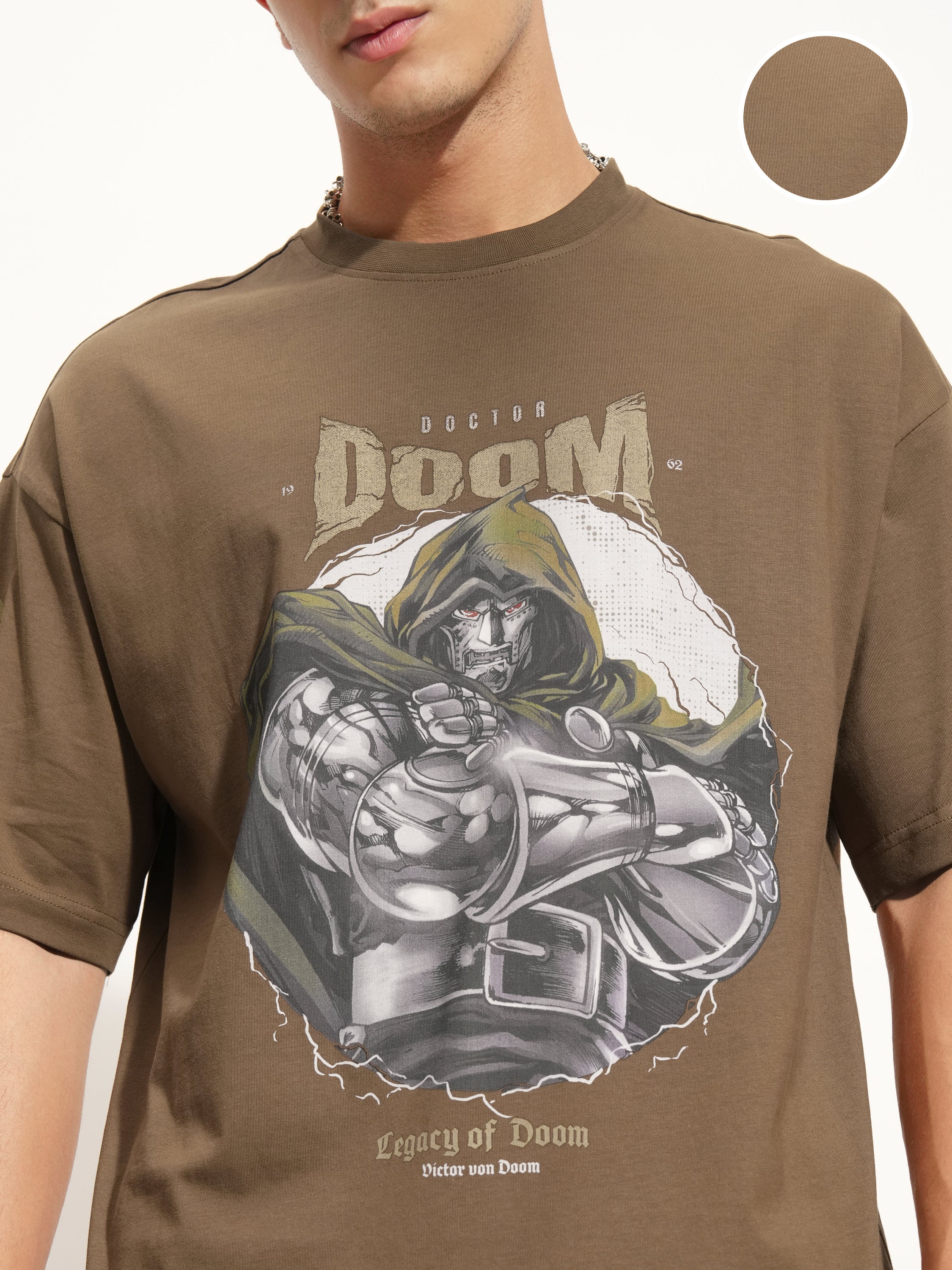 Marvel By Highlander Men Khaki Doctor Doom Printed Round Neck Oversized Fit T-Shirt - Khaki - Image 5