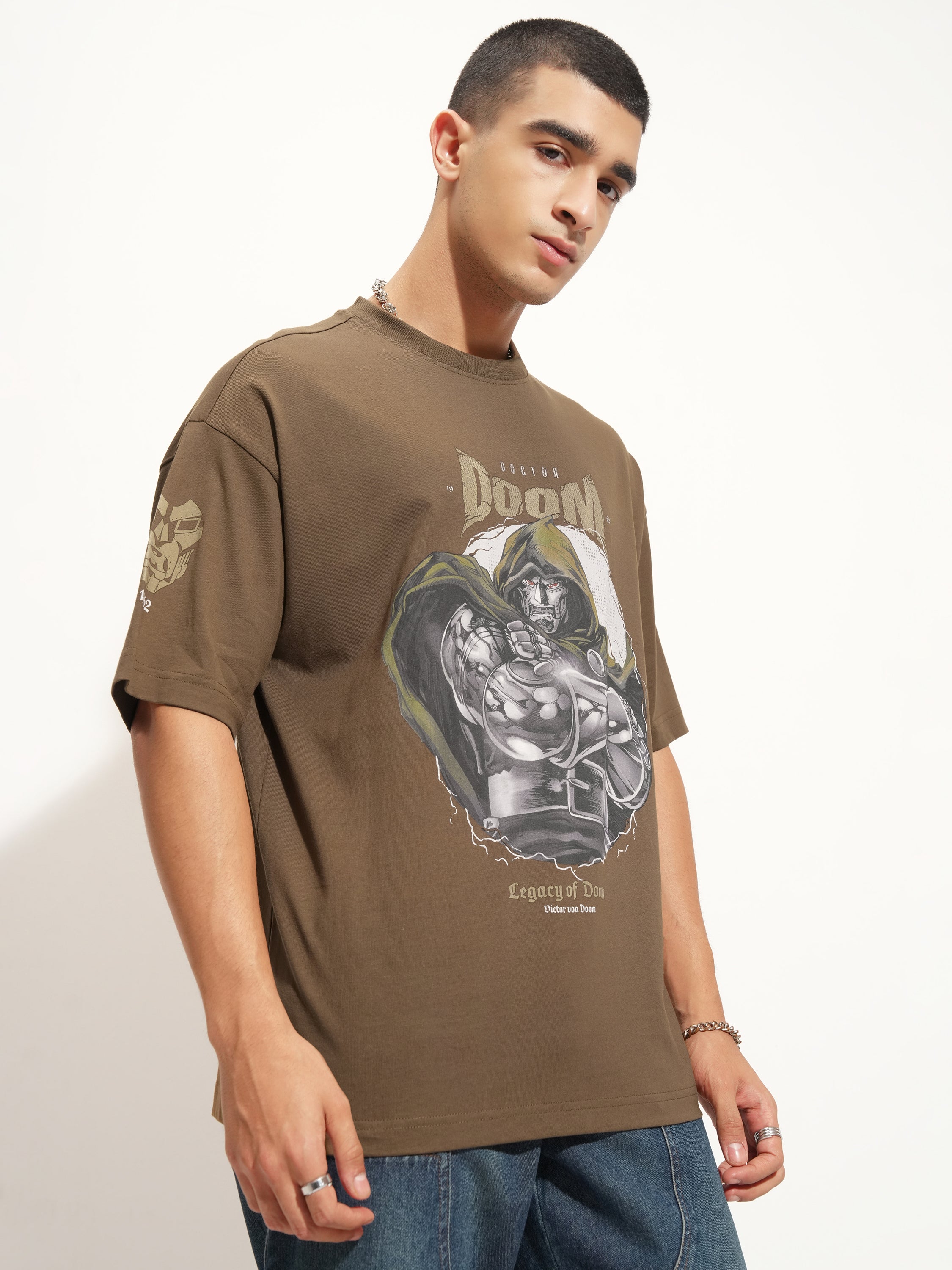 Marvel By Highlander Men Khaki Doctor Doom Printed Round Neck Oversized Fit T-Shirt - Khaki - Image 6