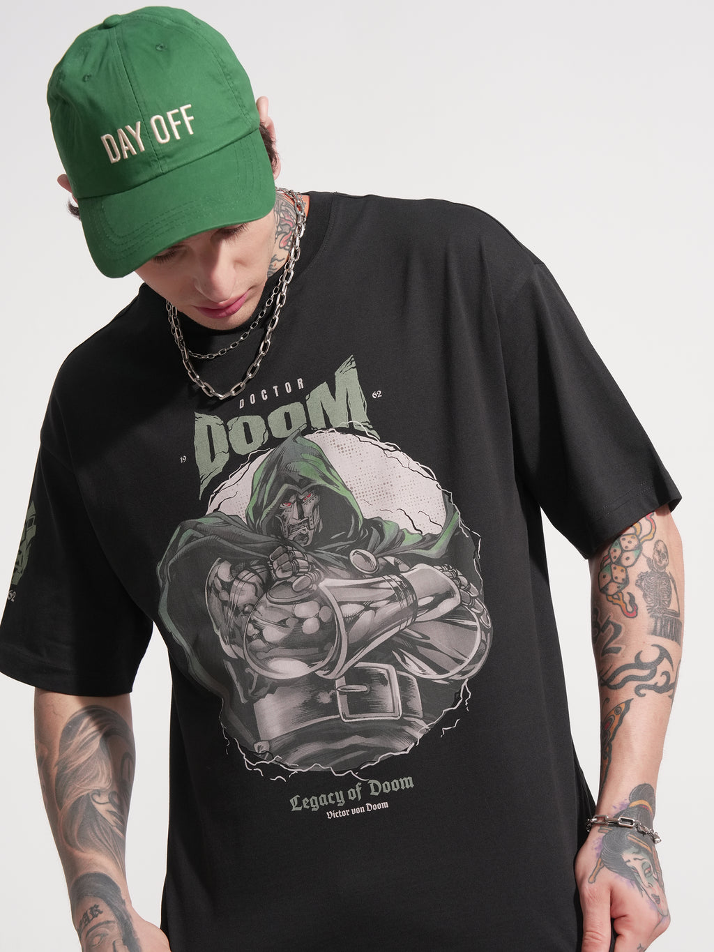 Marvel By Highlander Men Black Doctor Doom Printed Round Neck Oversized Fit T-Shirt - Black - Image 1