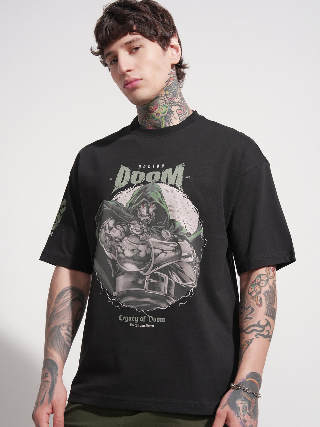 Marvel By Highlander Men Black Doctor Doom Printed Round Neck Oversized Fit T-Shirt - Black - Image 4