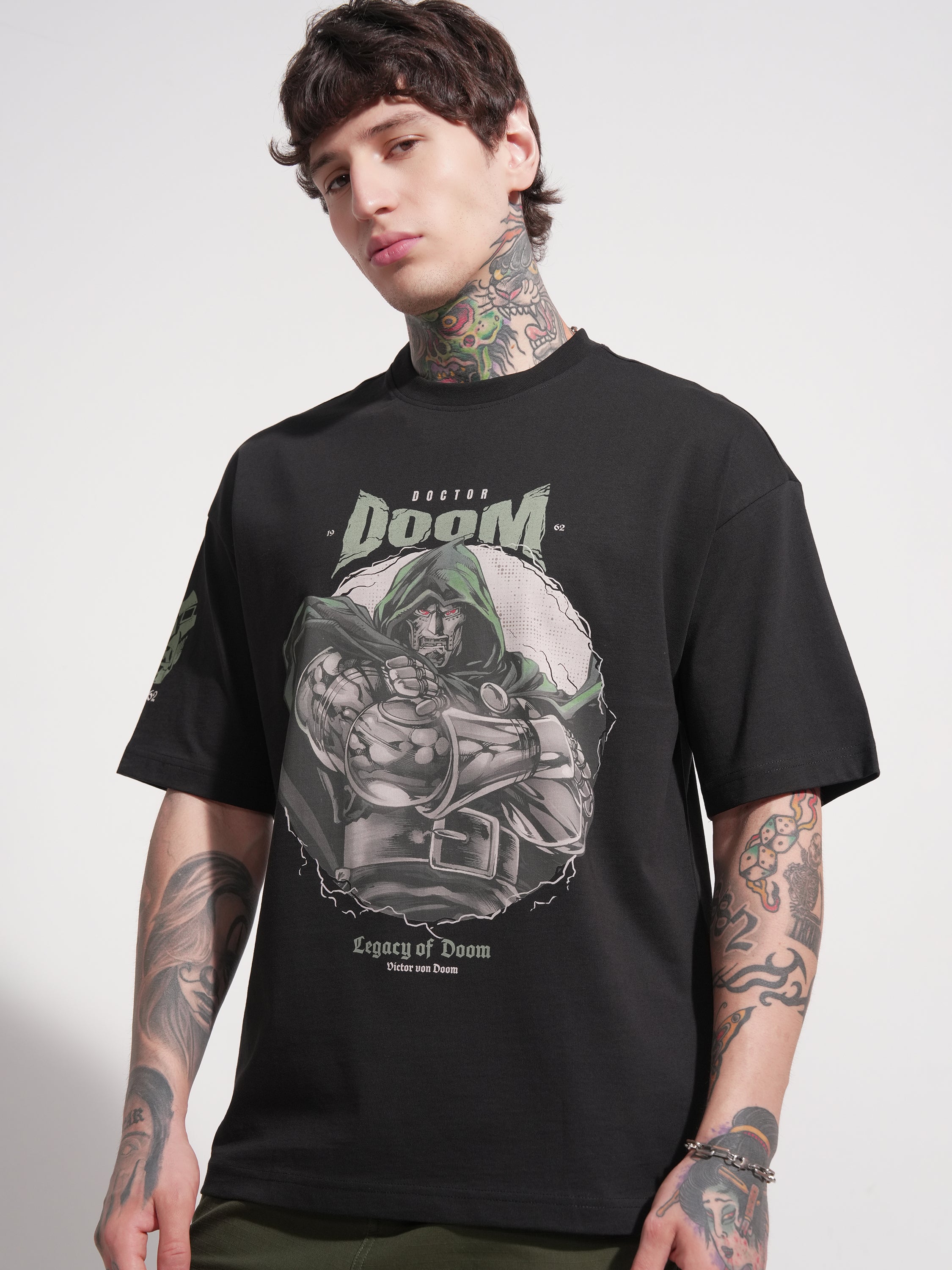 Marvel By Highlander Men Black Doctor Doom Printed Round Neck Oversized Fit T-Shirt - Black - Image 4