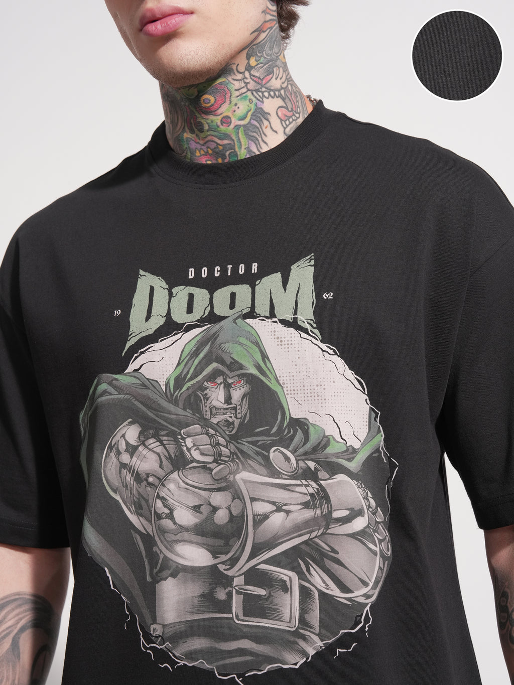 Marvel By Highlander Men Black Doctor Doom Printed Round Neck Oversized Fit T-Shirt - Black - Image 5