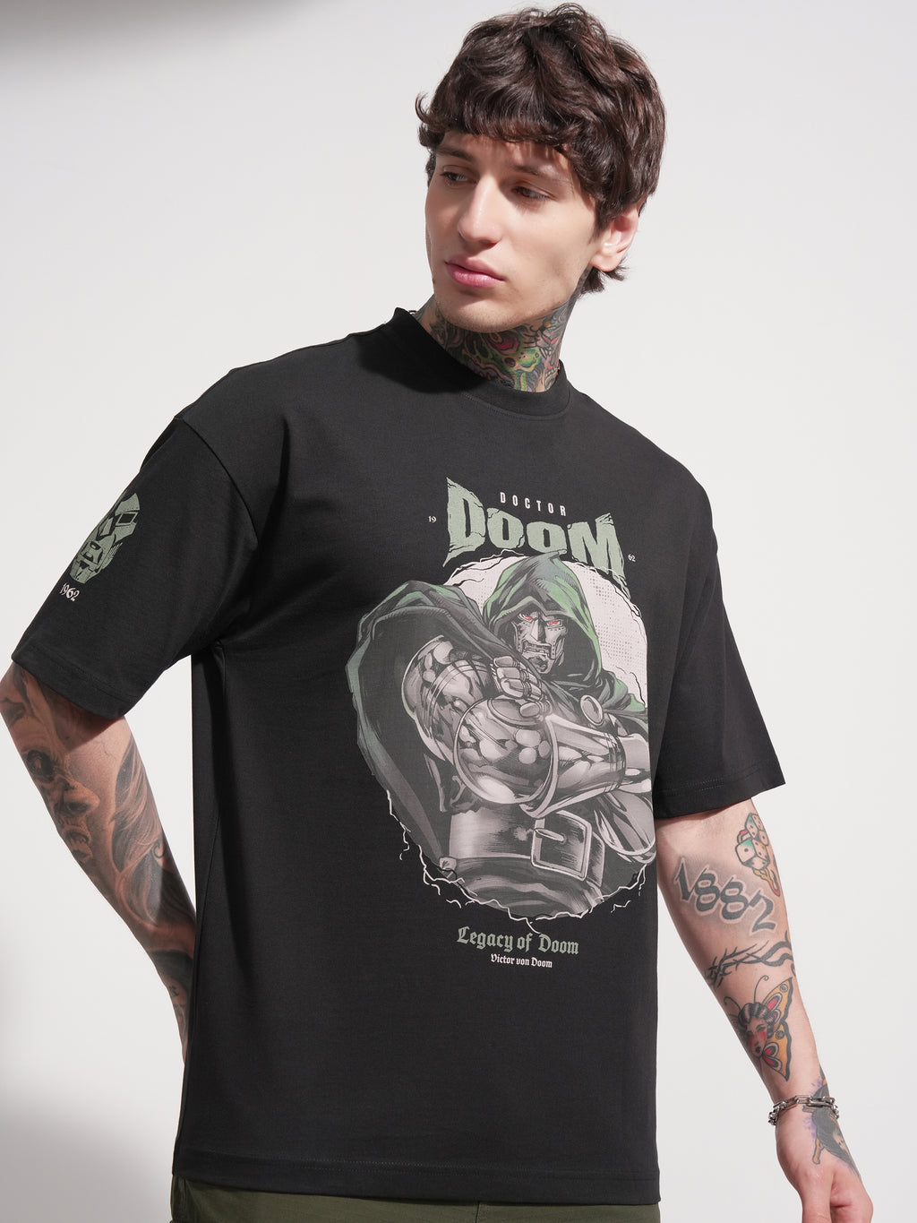 Marvel By Highlander Men Black Doctor Doom Printed Round Neck Oversized Fit T-Shirt - Black - Image 6