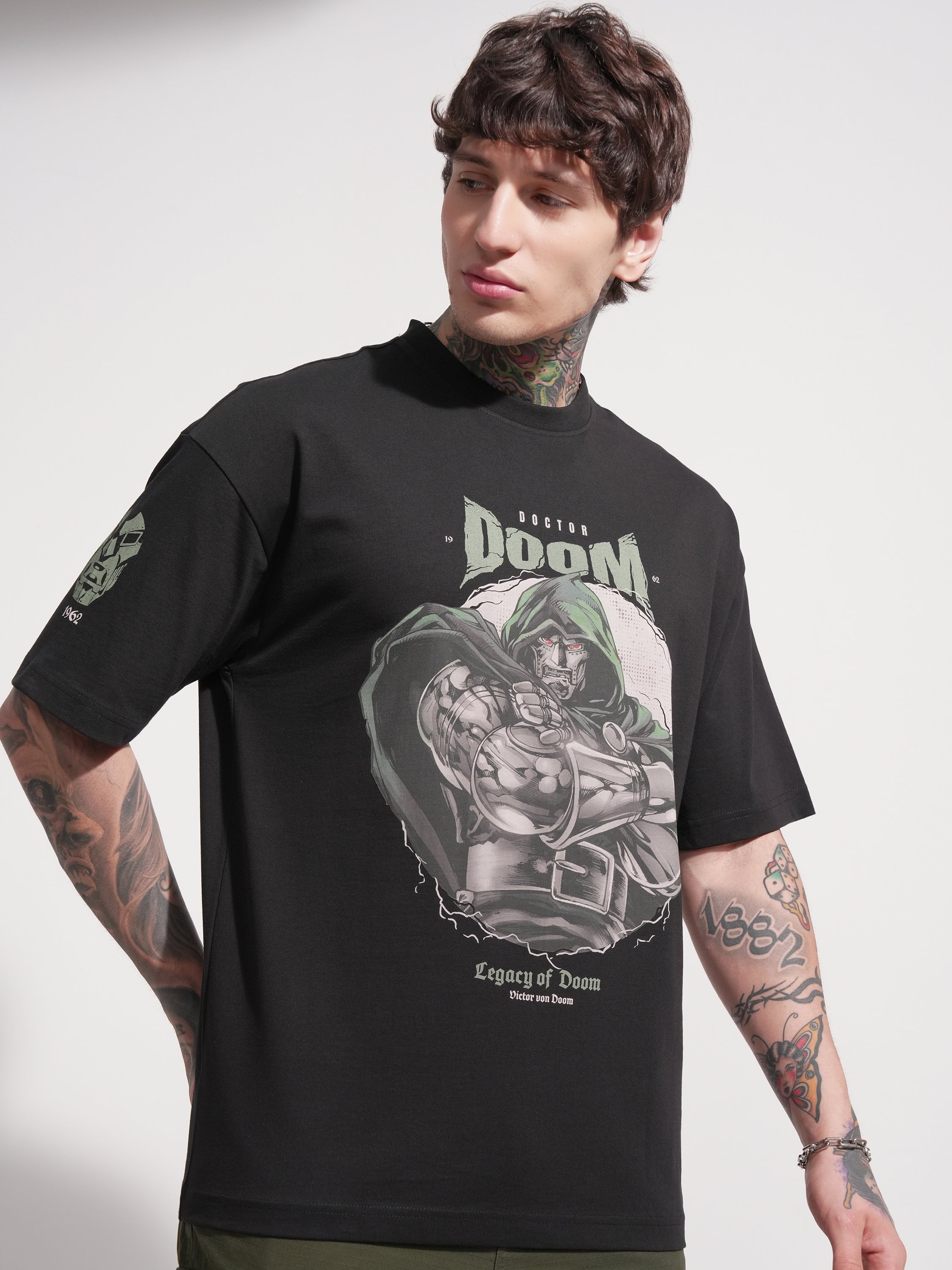 Marvel By Highlander Men Black Doctor Doom Printed Round Neck Oversized Fit T-Shirt - Black - Image 6