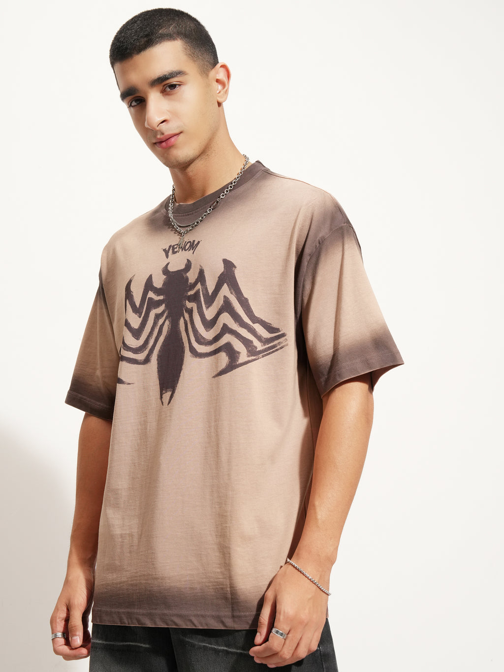 Marvel By Highlander Men Beige Venom Printed Round Neck Oversized Fit T-Shirt - Beige - Image 4