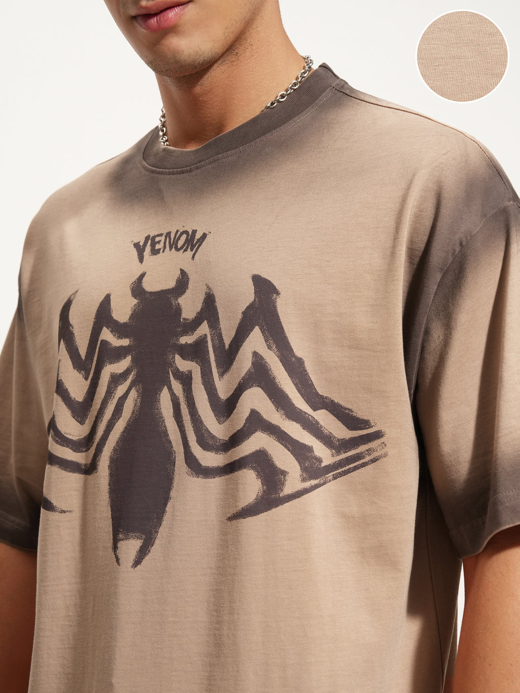 Marvel By Highlander Men Beige Venom Printed Round Neck Oversized Fit T-Shirt - Beige - Image 5