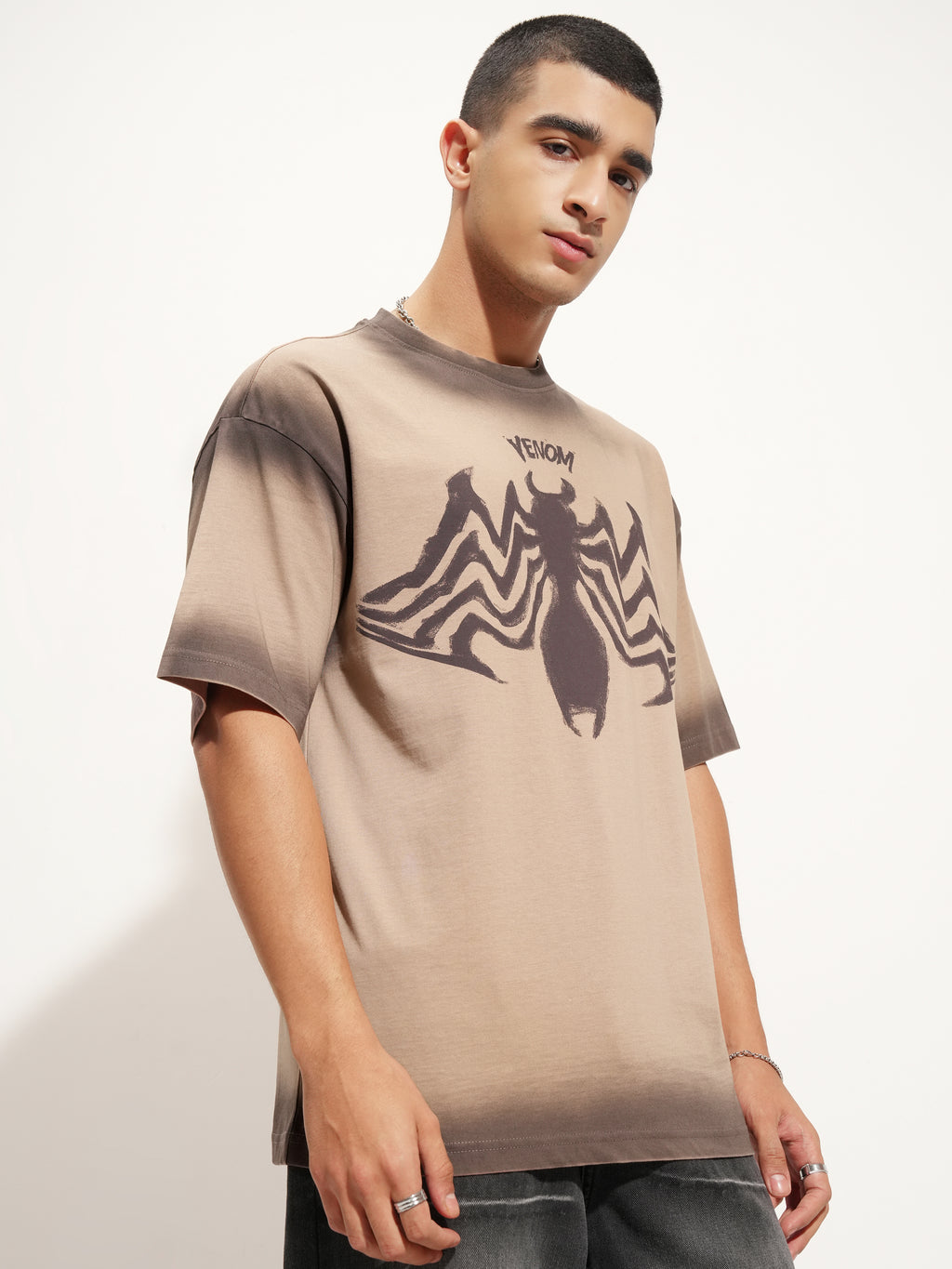 Marvel By Highlander Men Beige Venom Printed Round Neck Oversized Fit T-Shirt - Beige - Image 6