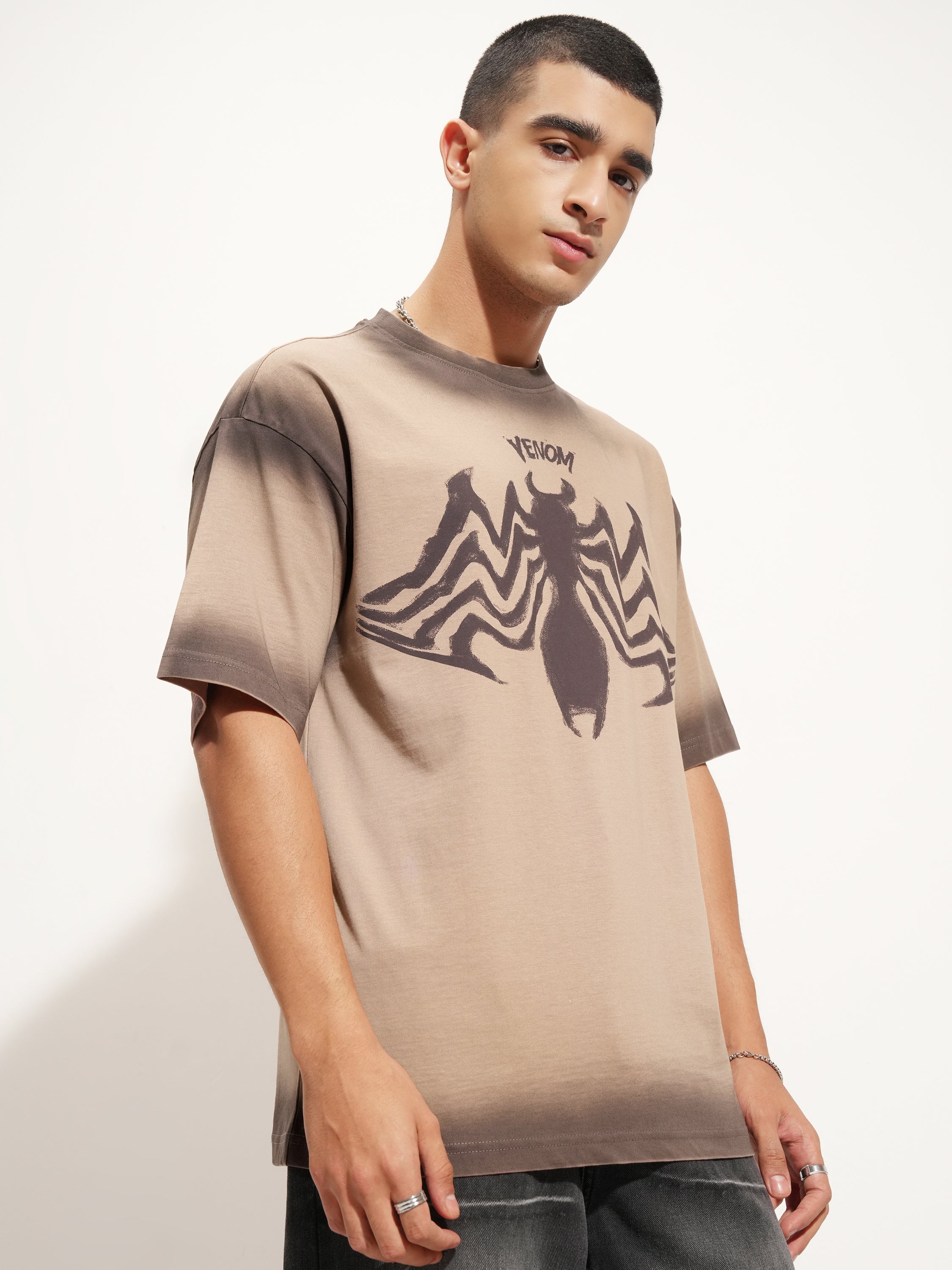 Marvel By Highlander Men Beige Venom Printed Round Neck Oversized Fit T-Shirt - Beige - Image 6