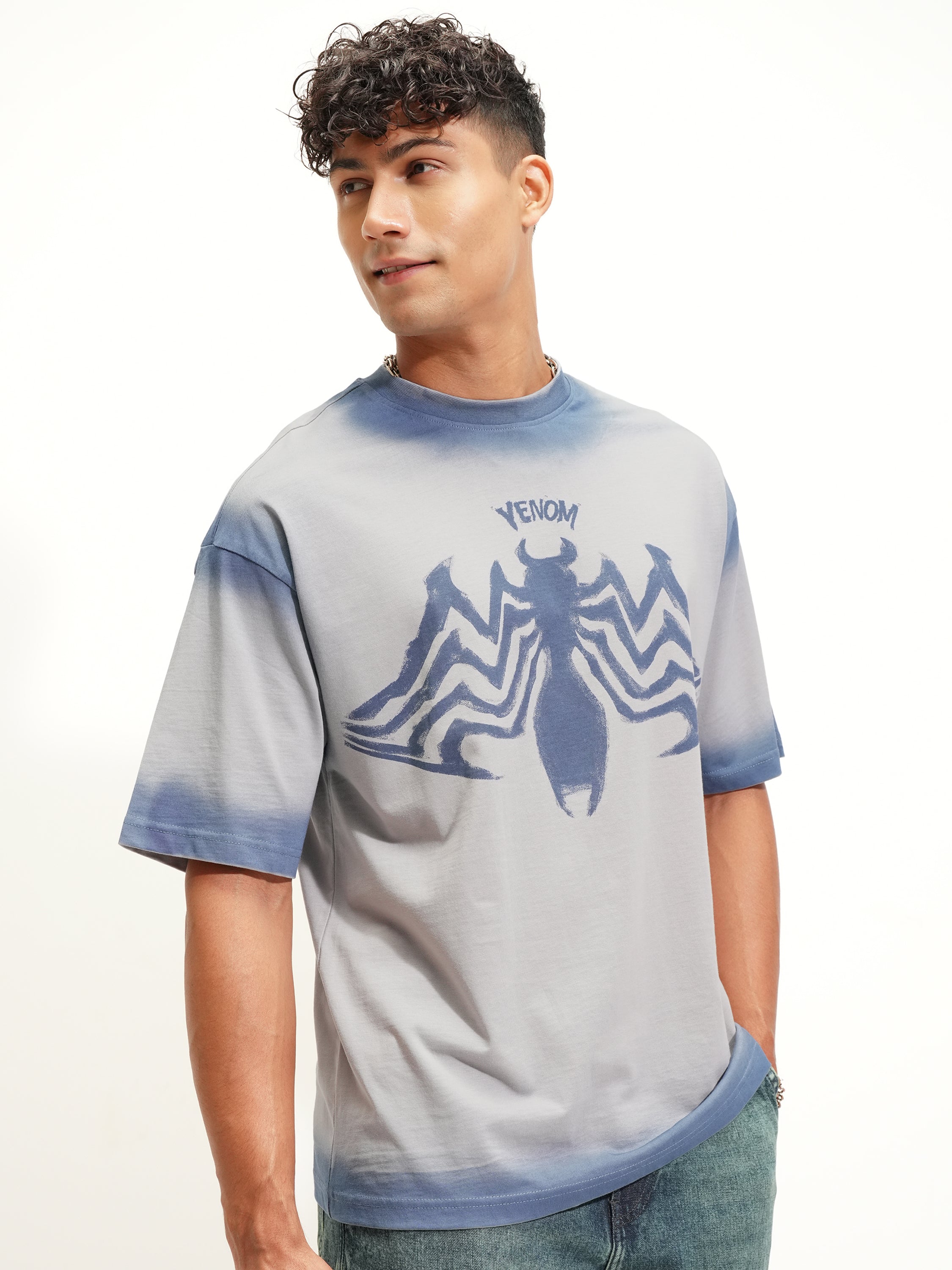 Marvel By Highlander Men Grey Venom Printed Round Neck Oversized Fit T-Shirt - Grey - Image 6