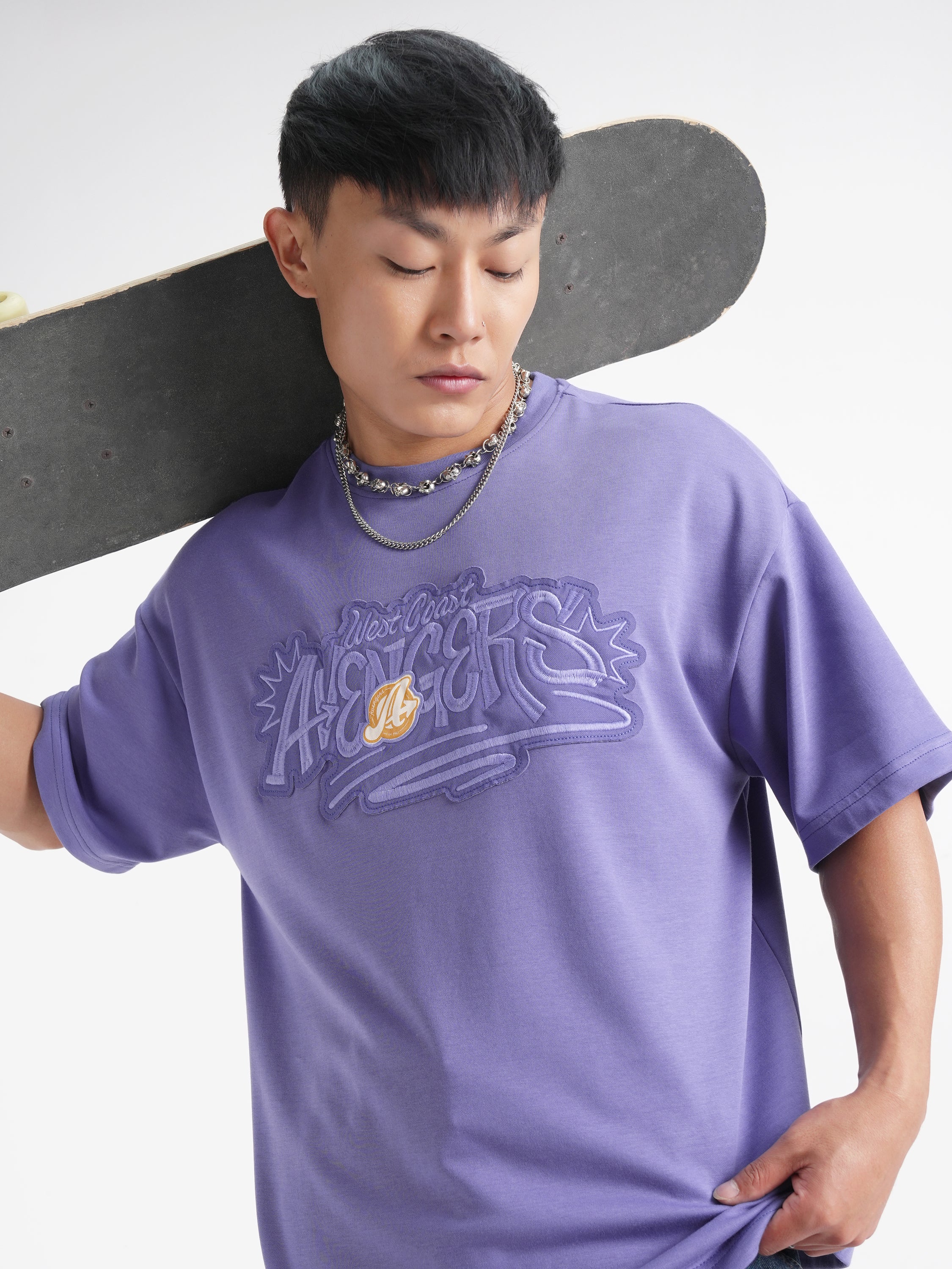 Marvel By Highlander Men Purple Avengers Printed Round Neck Oversized Fit T-Shirt - Purple - Image 1