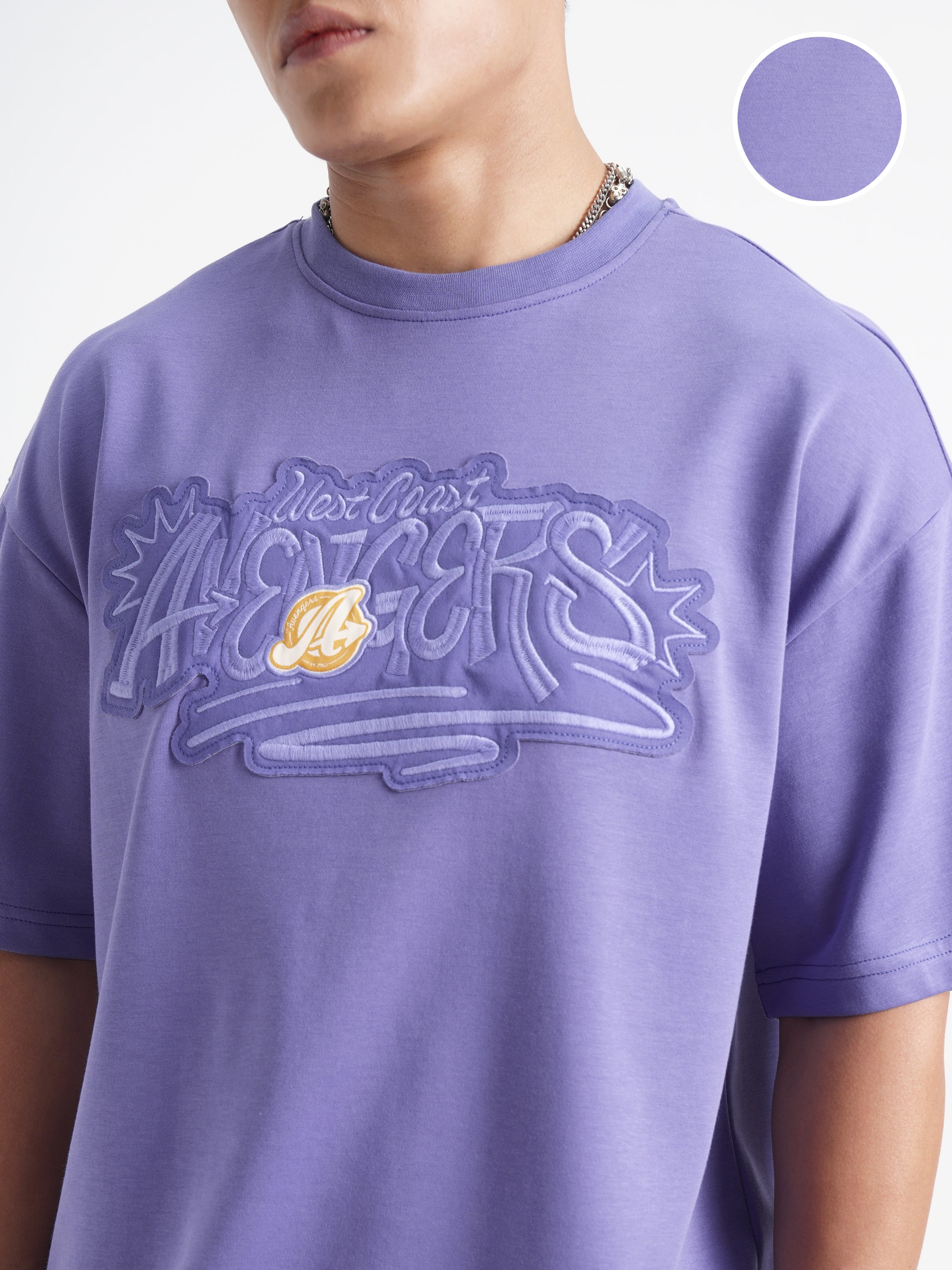 Marvel By Highlander Men Purple Avengers Printed Round Neck Oversized Fit T-Shirt - Purple - Image 5