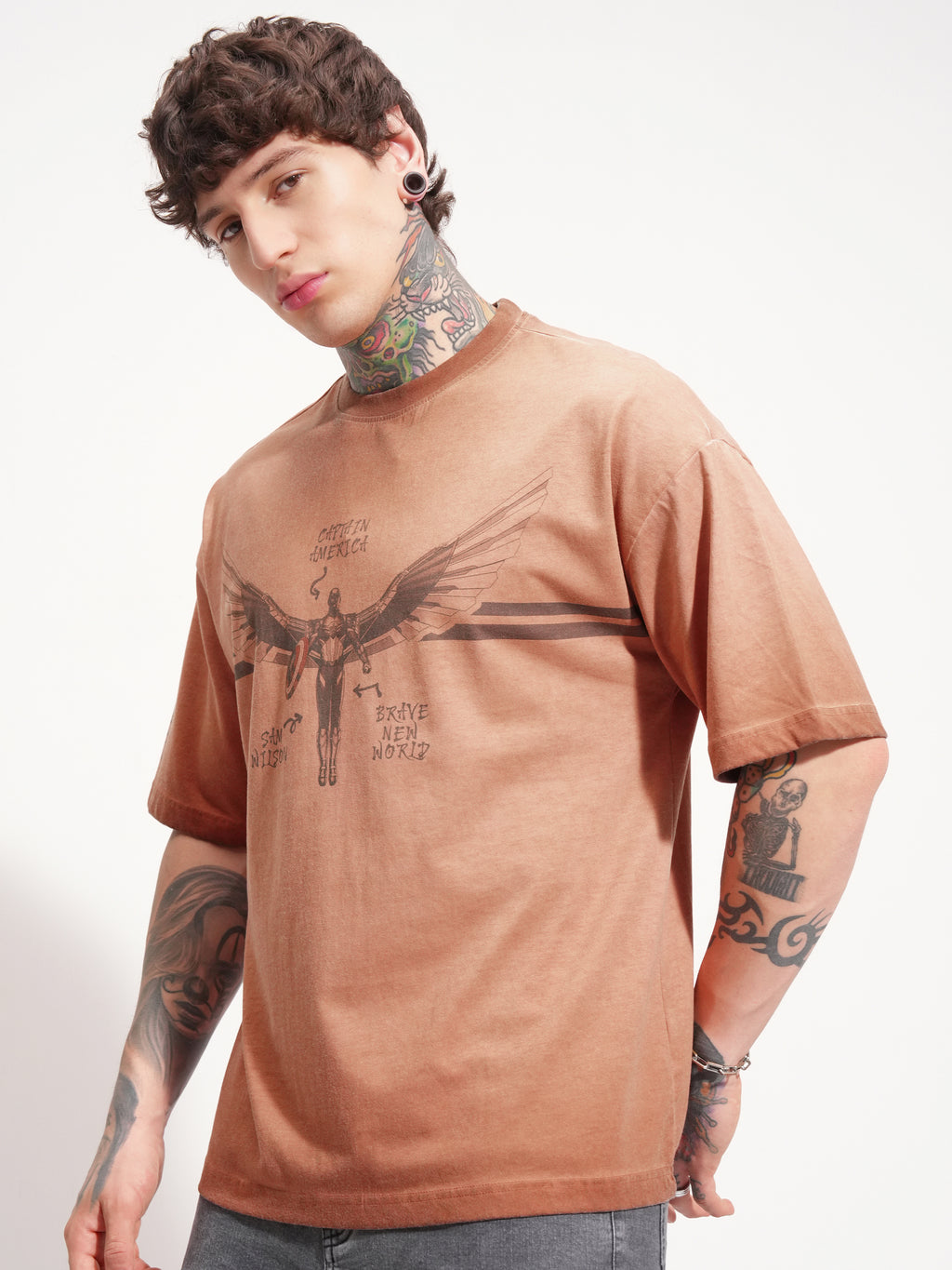 Marvel By Highlander Men Brown Captain America Printed Round Neck Oversized Fit T-Shirt - Brown - Image 4