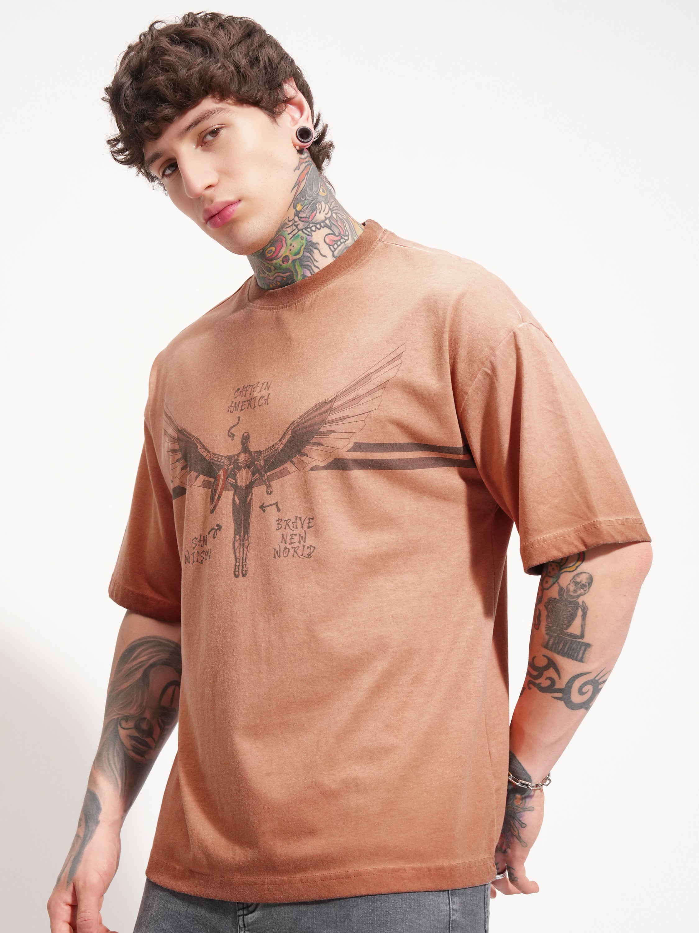 Marvel By Highlander Men Brown Captain America Printed Round Neck Oversized Fit T-Shirt - Brown - Image 4
