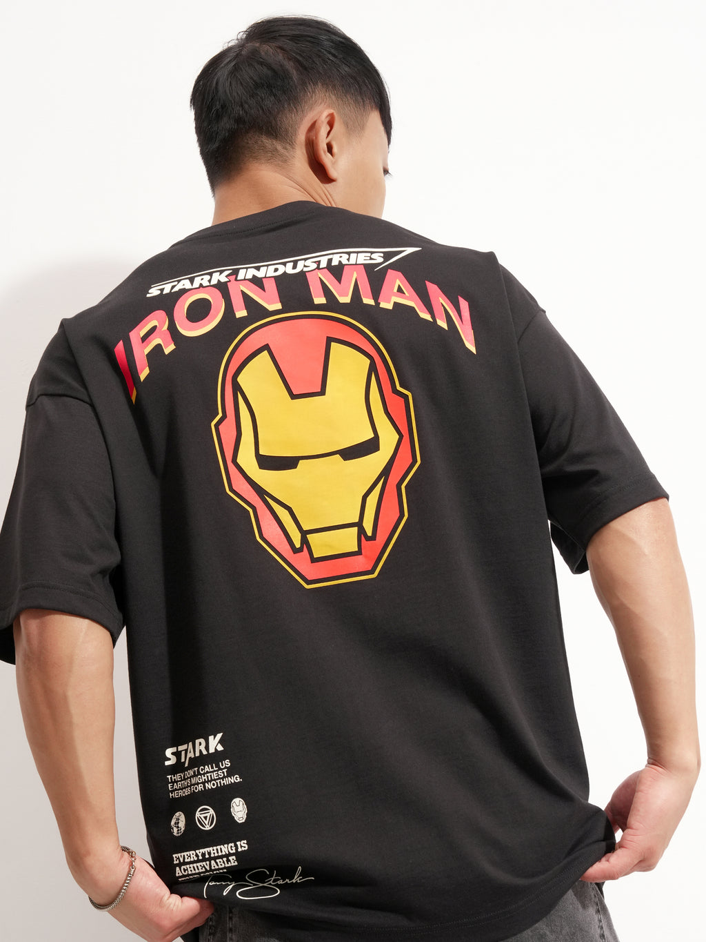 Marvel By Highlander Men Black Iron Man Printed Round Neck Oversized Fit T-Shirt - Black - Image 1