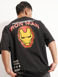Marvel By Highlander Men Black Iron Man Printed Round Neck Oversized Fit T-Shirt - Black - Image 1