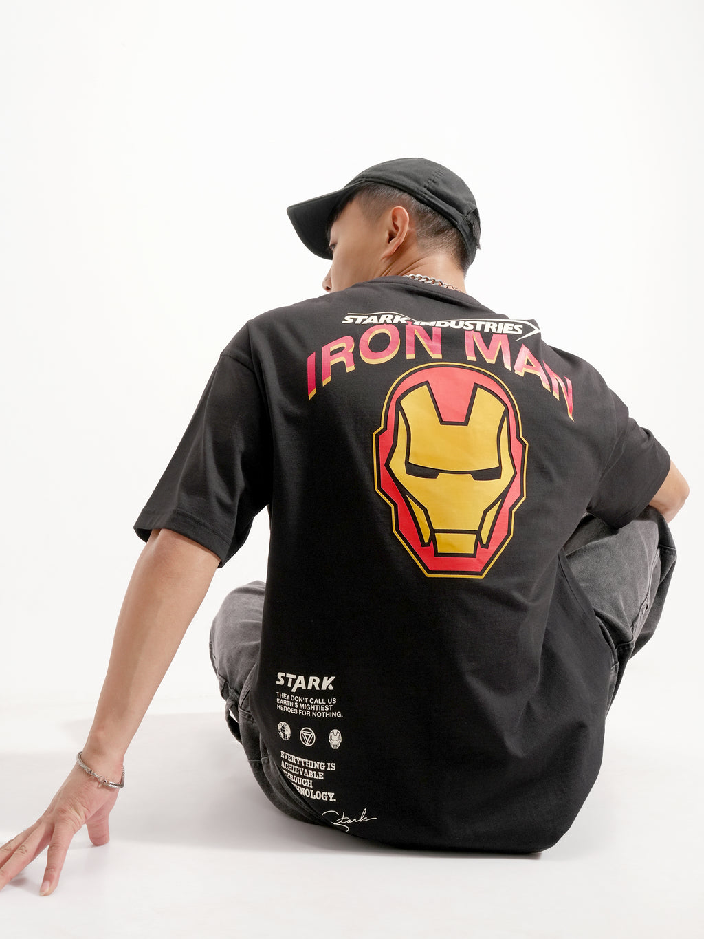Marvel By Highlander Men Black Iron Man Printed Round Neck Oversized Fit T-Shirt - Black - Image 2