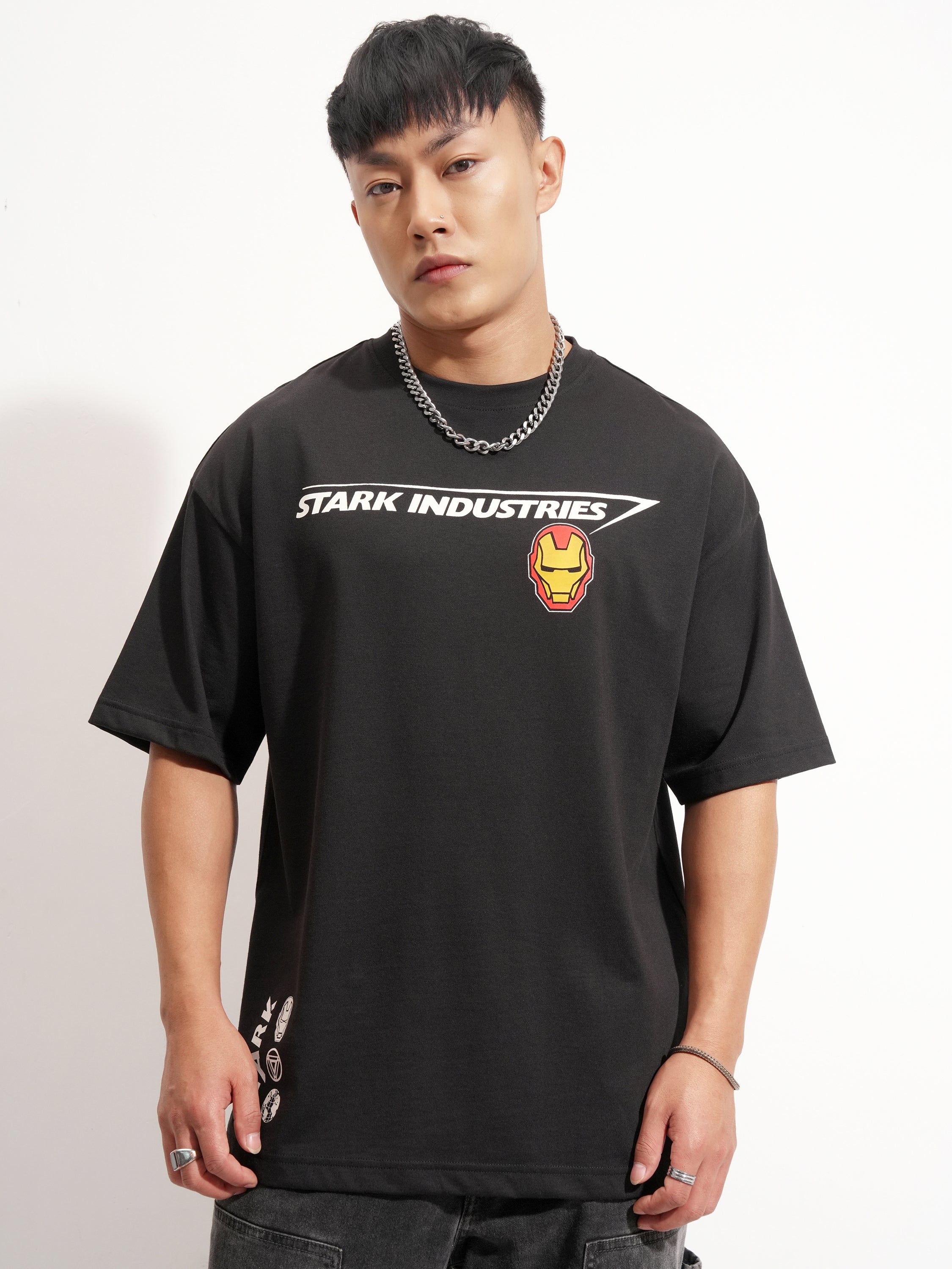 Marvel By Highlander Men Black Iron Man Printed Round Neck Oversized Fit T-Shirt - Black - Image 3
