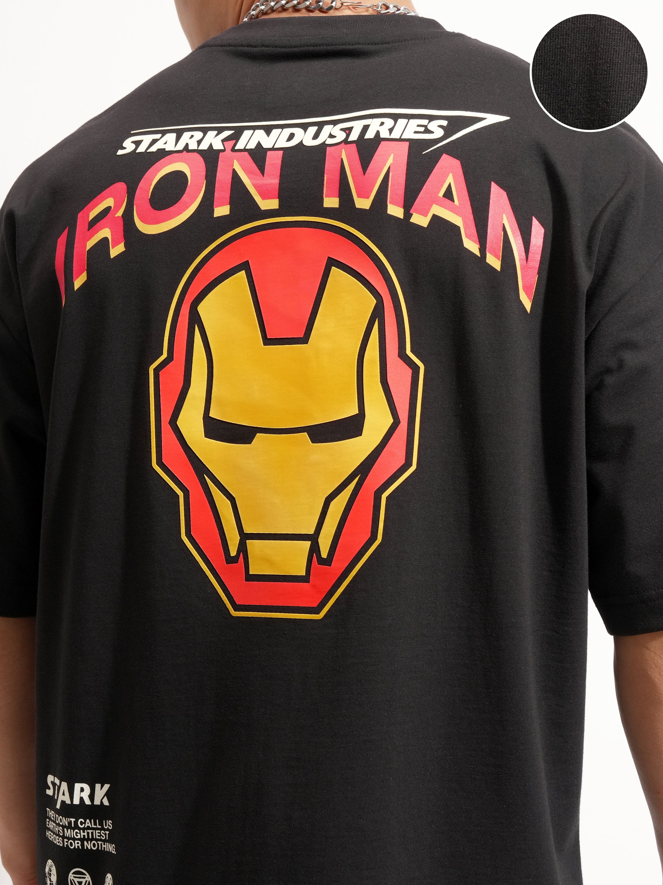 Marvel By Highlander Men Black Iron Man Printed Round Neck Oversized Fit T-Shirt - Black - Image 5