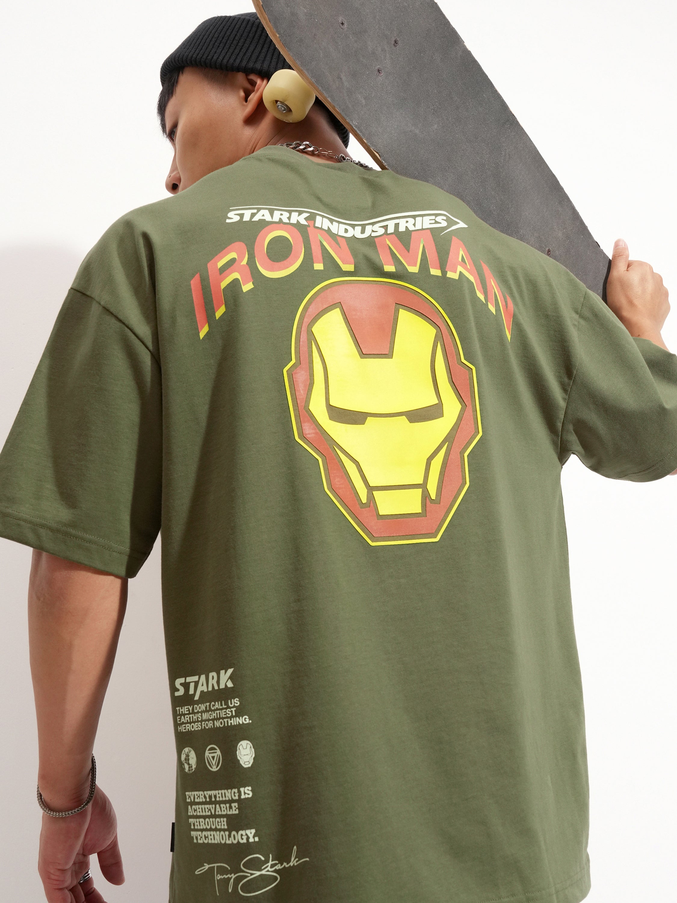 Marvel By Highlander Men Olive Iron Man Printed Round Neck Oversized Fit T-Shirt - Olive - Image 1
