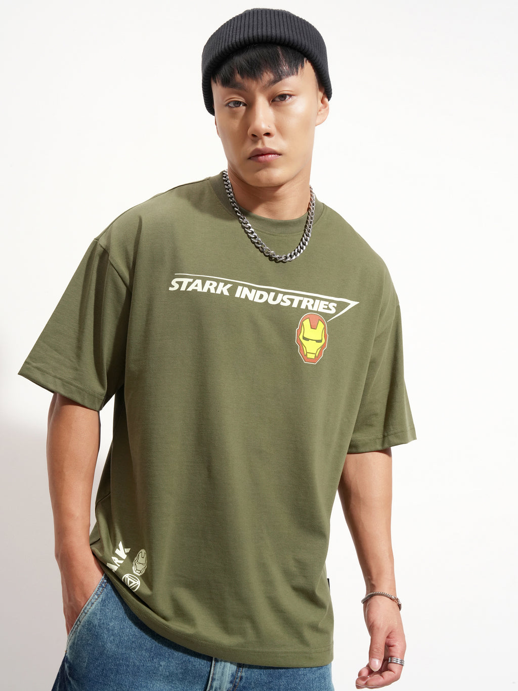 Marvel By Highlander Men Olive Iron Man Printed Round Neck Oversized Fit T-Shirt - Olive - Image 3