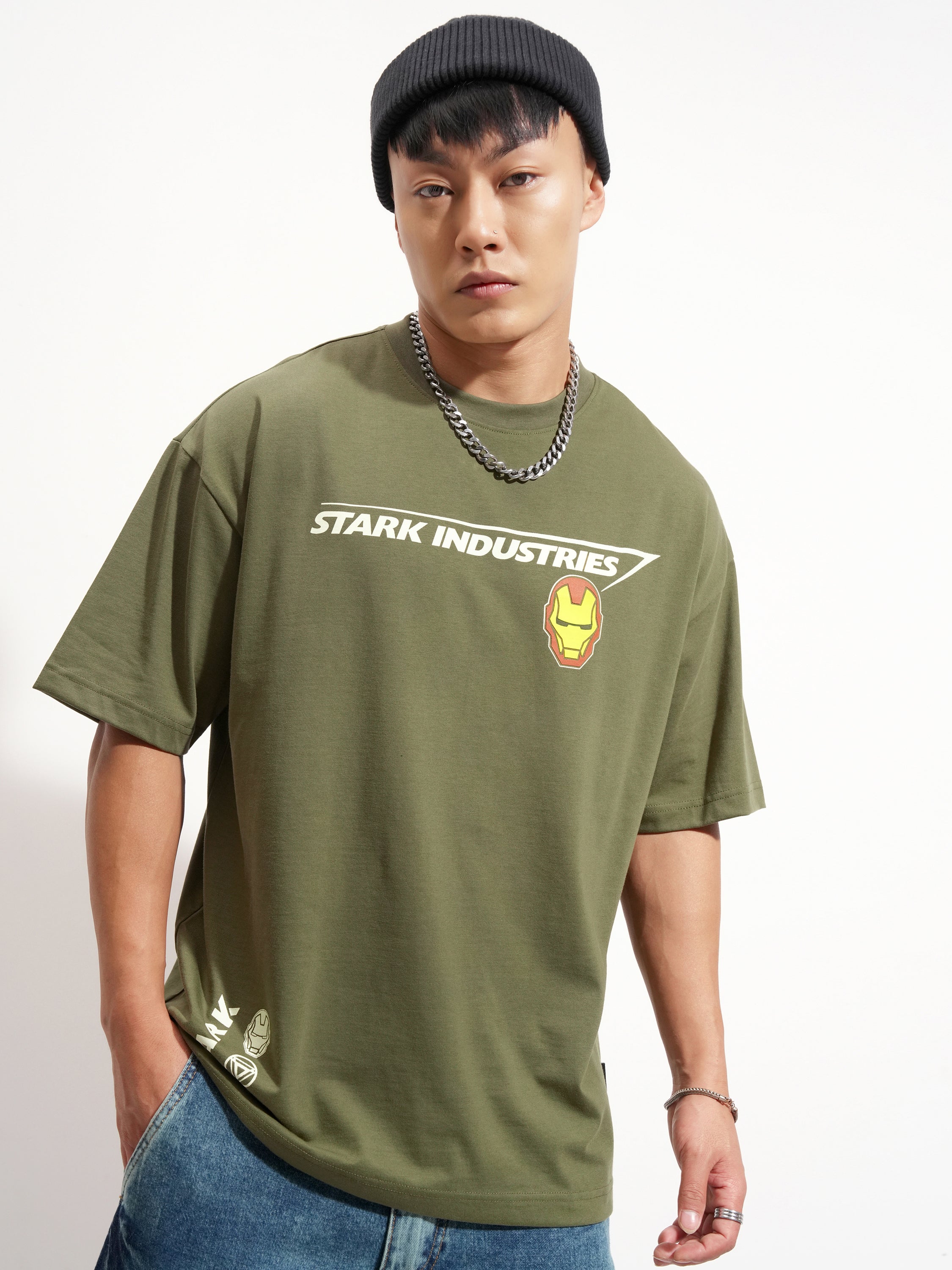 Marvel By Highlander Men Olive Iron Man Printed Round Neck Oversized Fit T-Shirt - Olive - Image 3