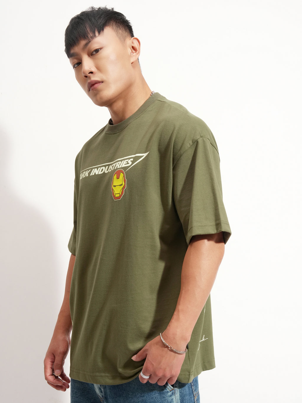 Marvel By Highlander Men Olive Iron Man Printed Round Neck Oversized Fit T-Shirt - Olive - Image 4