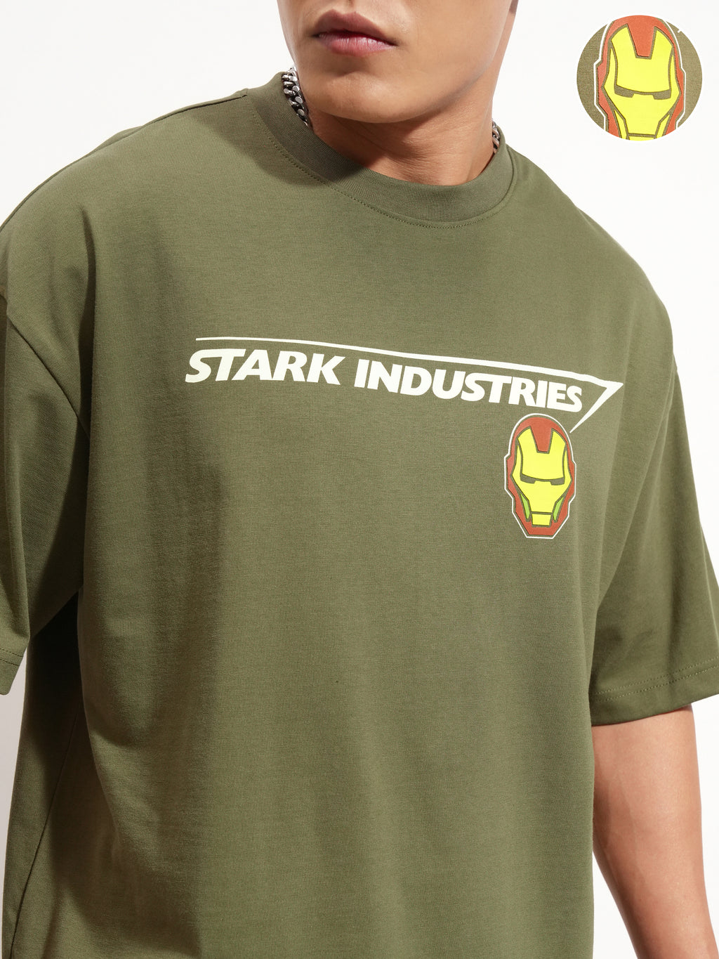Marvel By Highlander Men Olive Iron Man Printed Round Neck Oversized Fit T-Shirt - Olive - Image 5