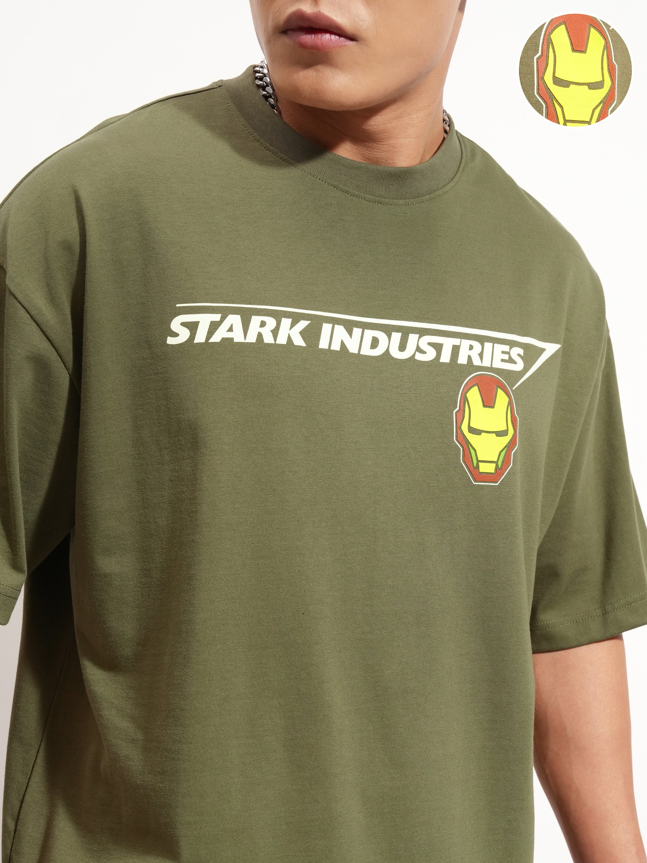 Marvel By Highlander Men Olive Iron Man Printed Round Neck Oversized Fit T-Shirt - Olive - Image 5
