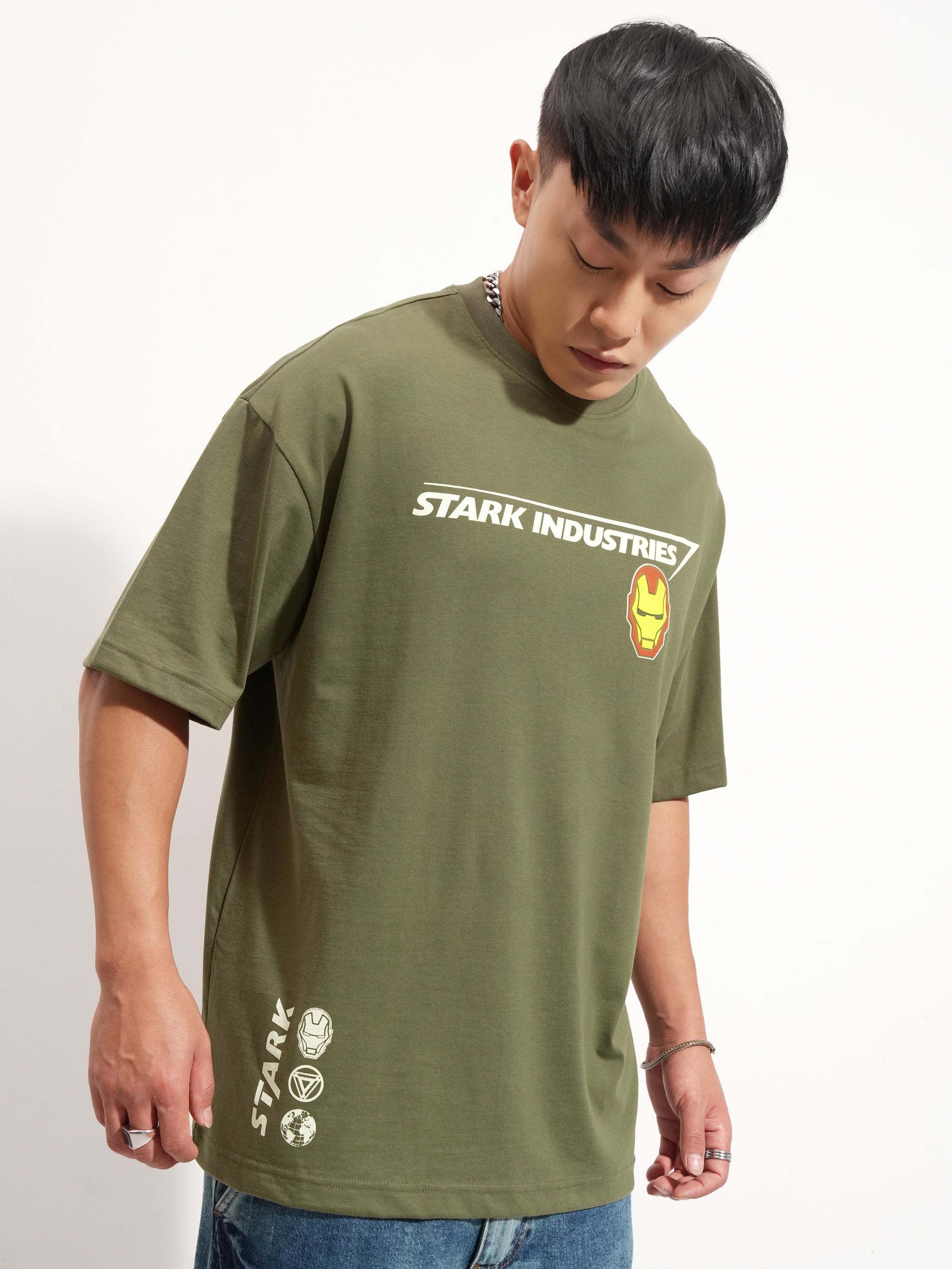 Marvel By Highlander Men Olive Iron Man Printed Round Neck Oversized Fit T-Shirt - Olive - Image 6