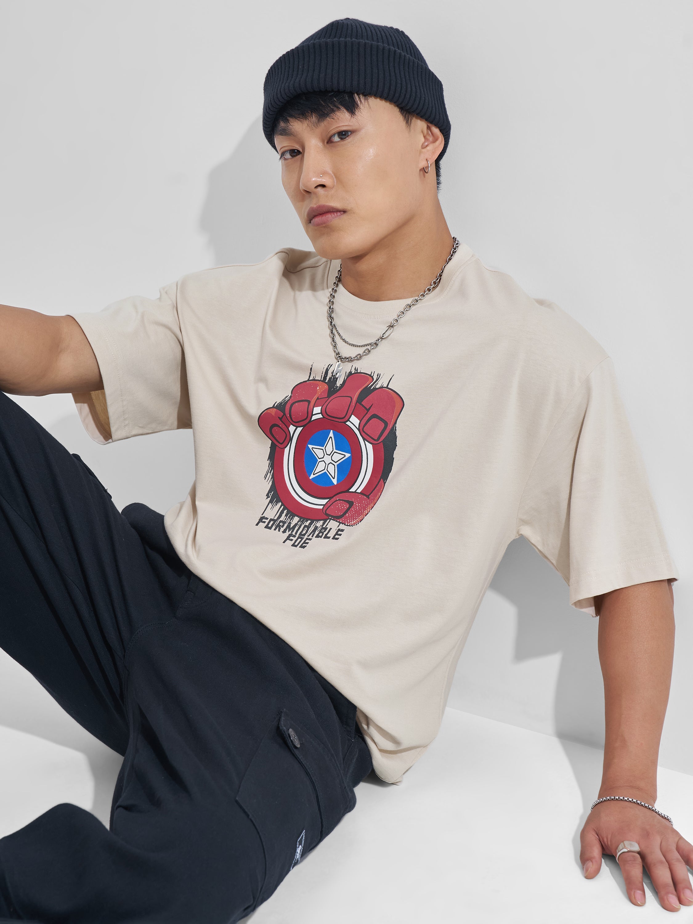 Marvel By Highlander Men Cream Hulk Printed Round Neck Oversized Fit T-Shirt - Cream - Image 3