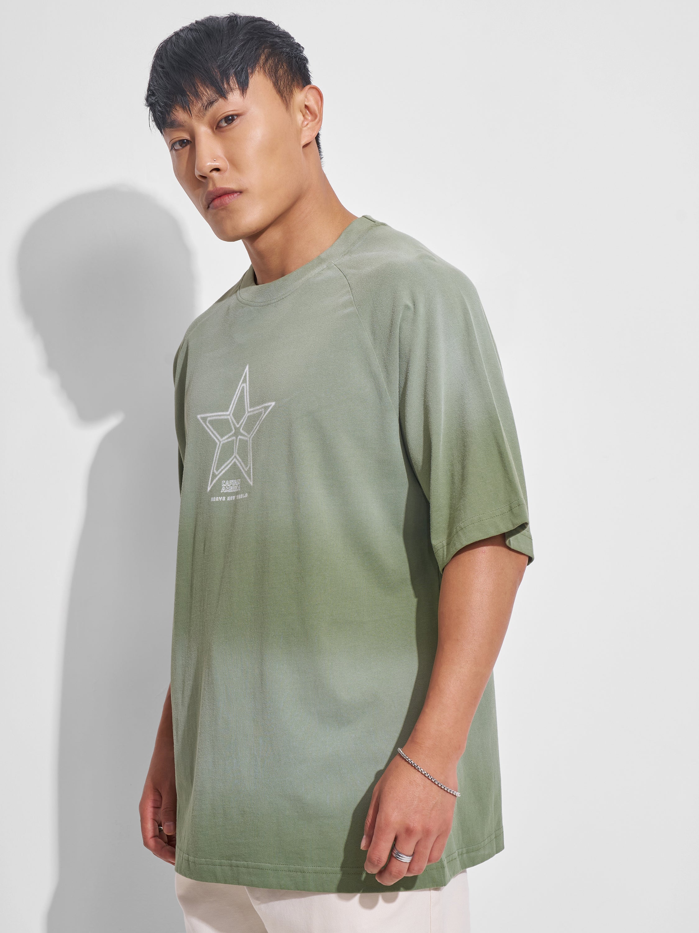 Marvel By Highlander Men Green Captain America Printed Round Neck Oversized Fit T-Shirt - Green - Image 4