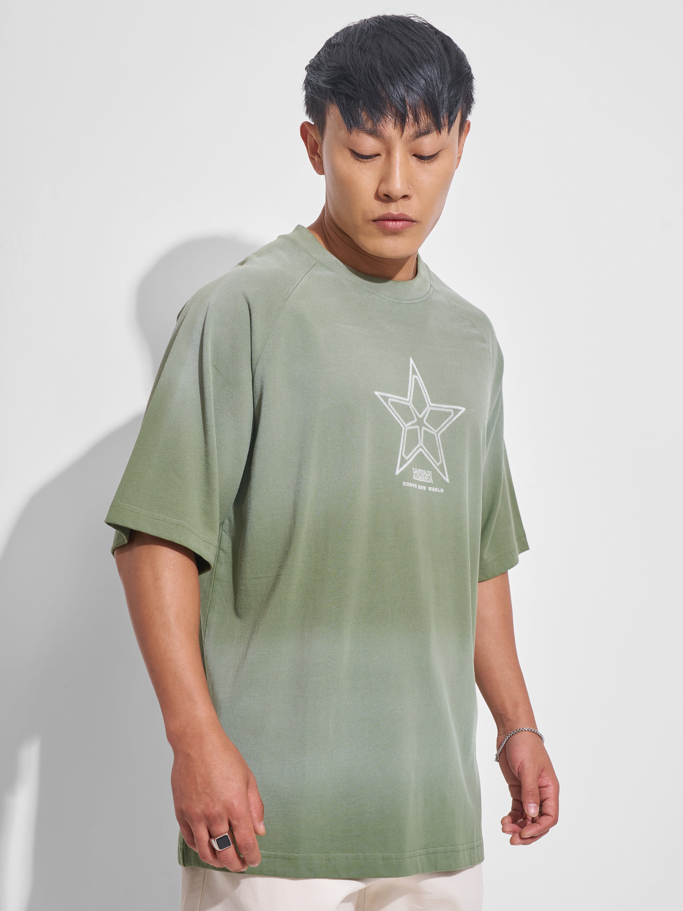 Marvel By Highlander Men Green Captain America Printed Round Neck Oversized Fit T-Shirt - Green - Image 6