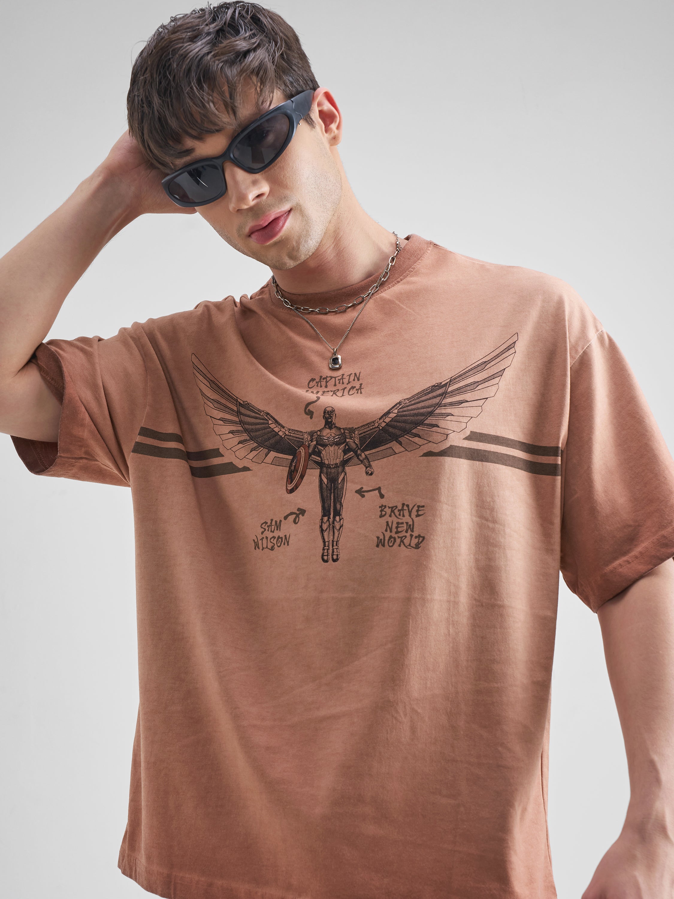 Marvel By Highlander Men Brown Captain America Printed Round Neck Oversized Fit T-Shirt - Brown - Image 1