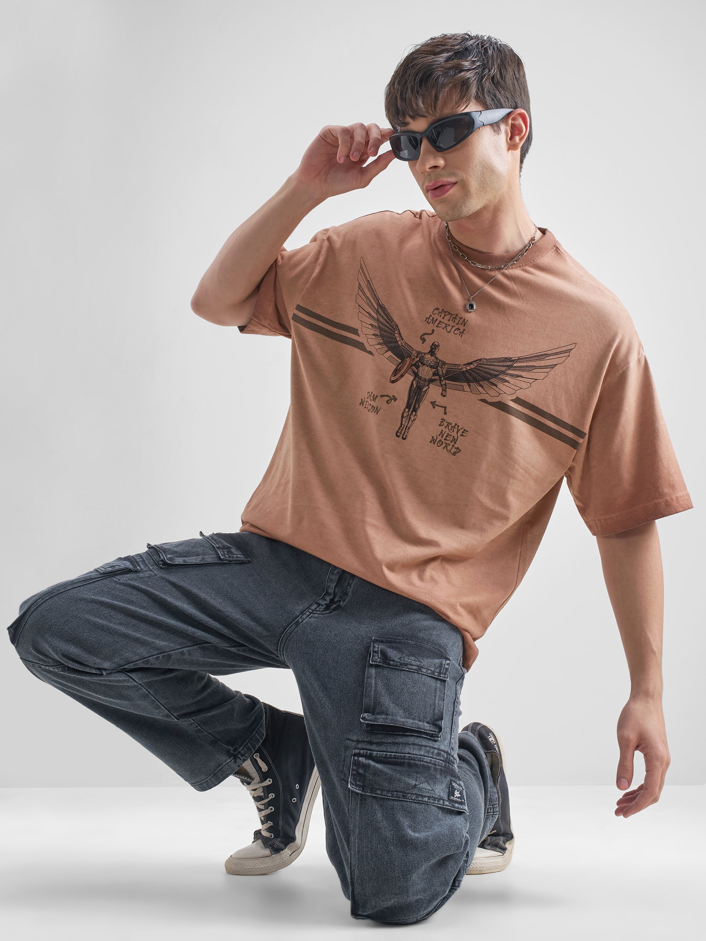 Marvel By Highlander Men Brown Captain America Printed Round Neck Oversized Fit T-Shirt - Brown - Image 2