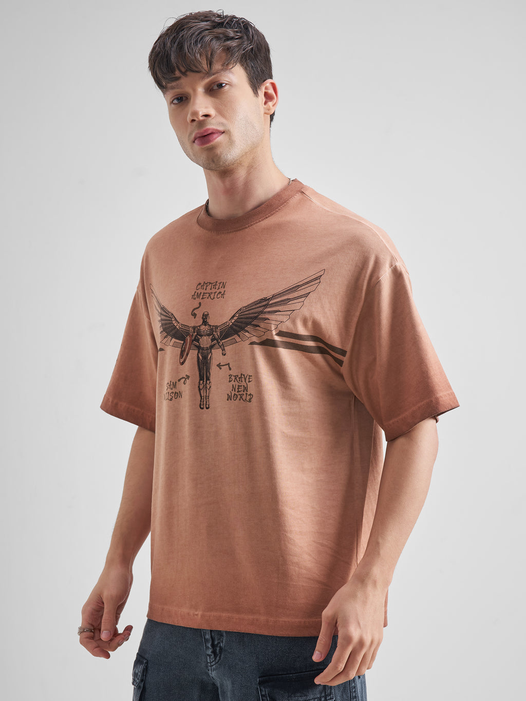Marvel By Highlander Men Brown Captain America Printed Round Neck Oversized Fit T-Shirt - Brown - Image 4