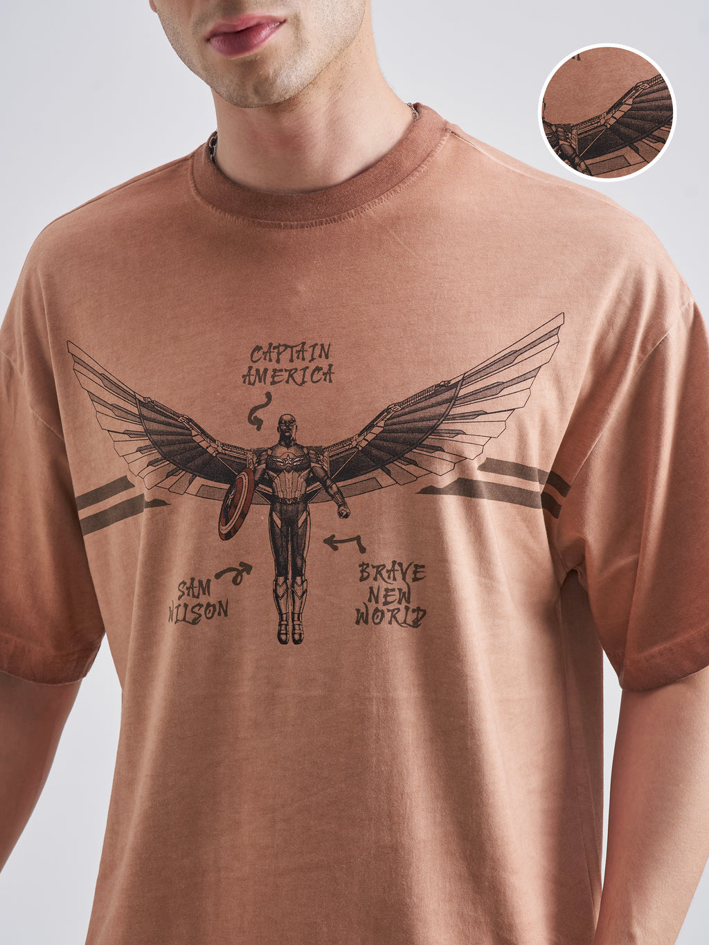 Marvel By Highlander Men Brown Captain America Printed Round Neck Oversized Fit T-Shirt - Brown - Image 5