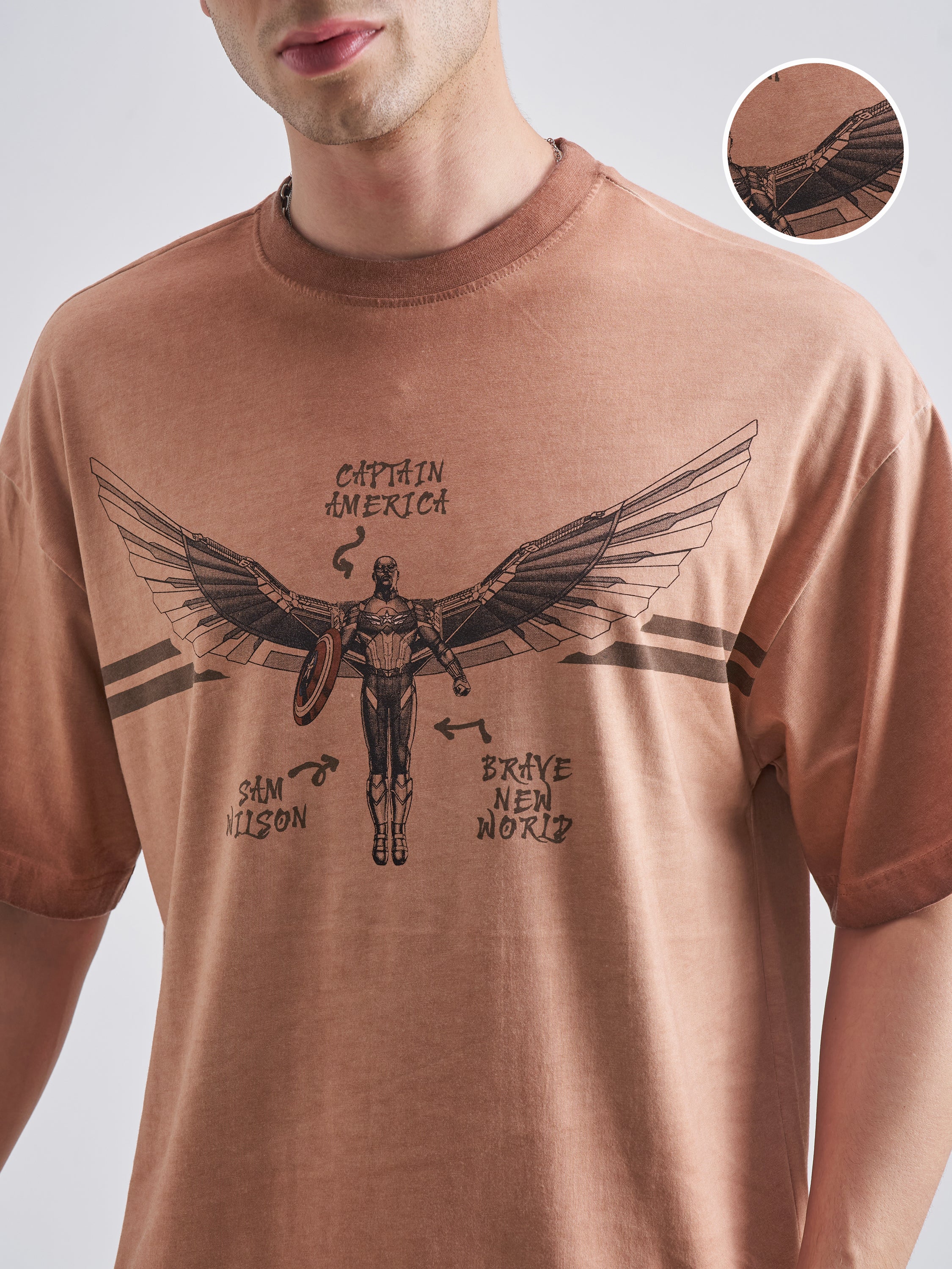 Marvel By Highlander Men Brown Captain America Printed Round Neck Oversized Fit T-Shirt - Brown - Image 5