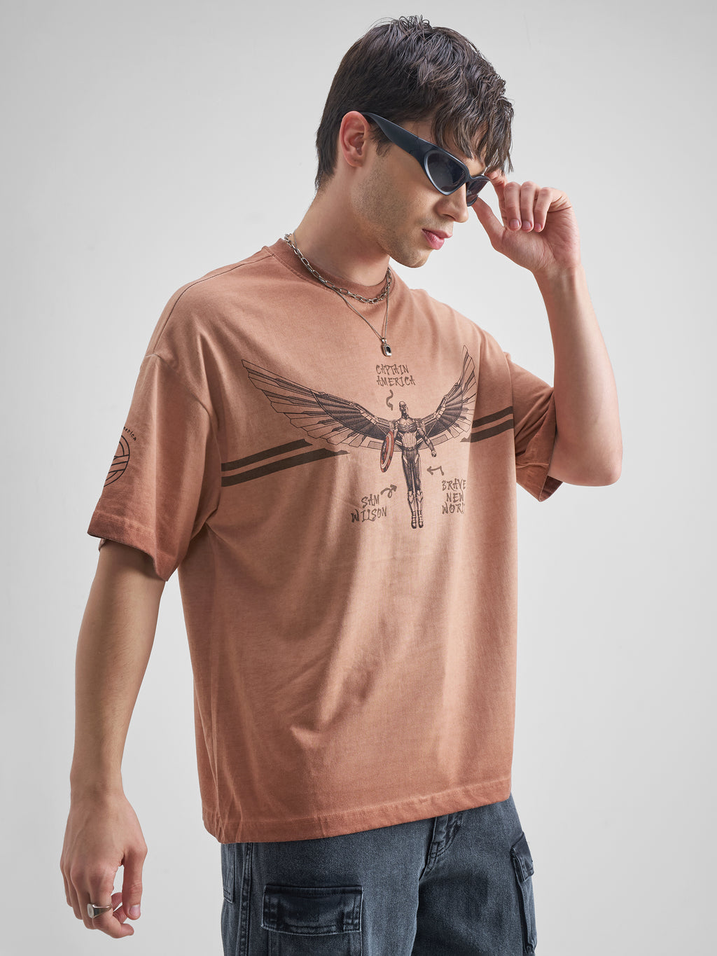 Marvel By Highlander Men Brown Captain America Printed Round Neck Oversized Fit T-Shirt - Brown - Image 6