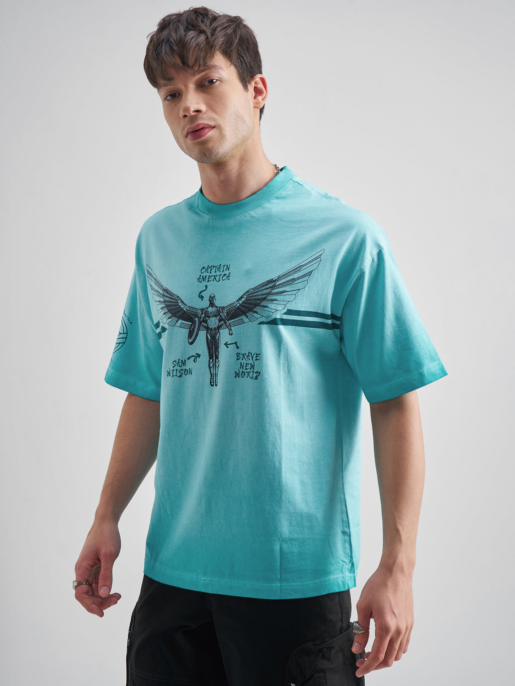 Marvel By Highlander Men Blue Captain America Printed Round Neck Oversized Fit T-Shirt - Blue - Image 4