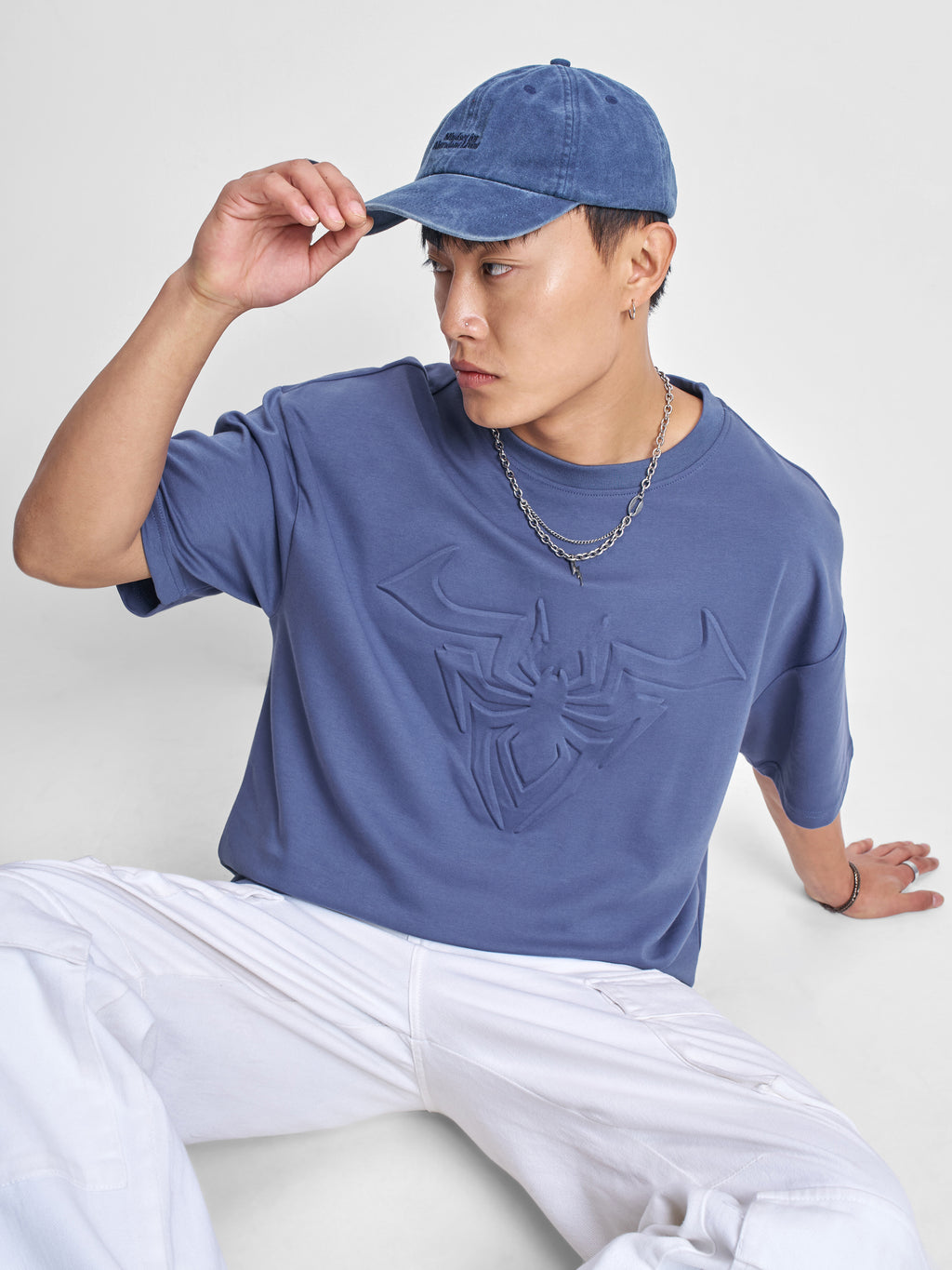 Marvel By Highlander Men Blue Spider-Man Self Design Round Neck Oversized Fit T-Shirt - Blue - Image 1