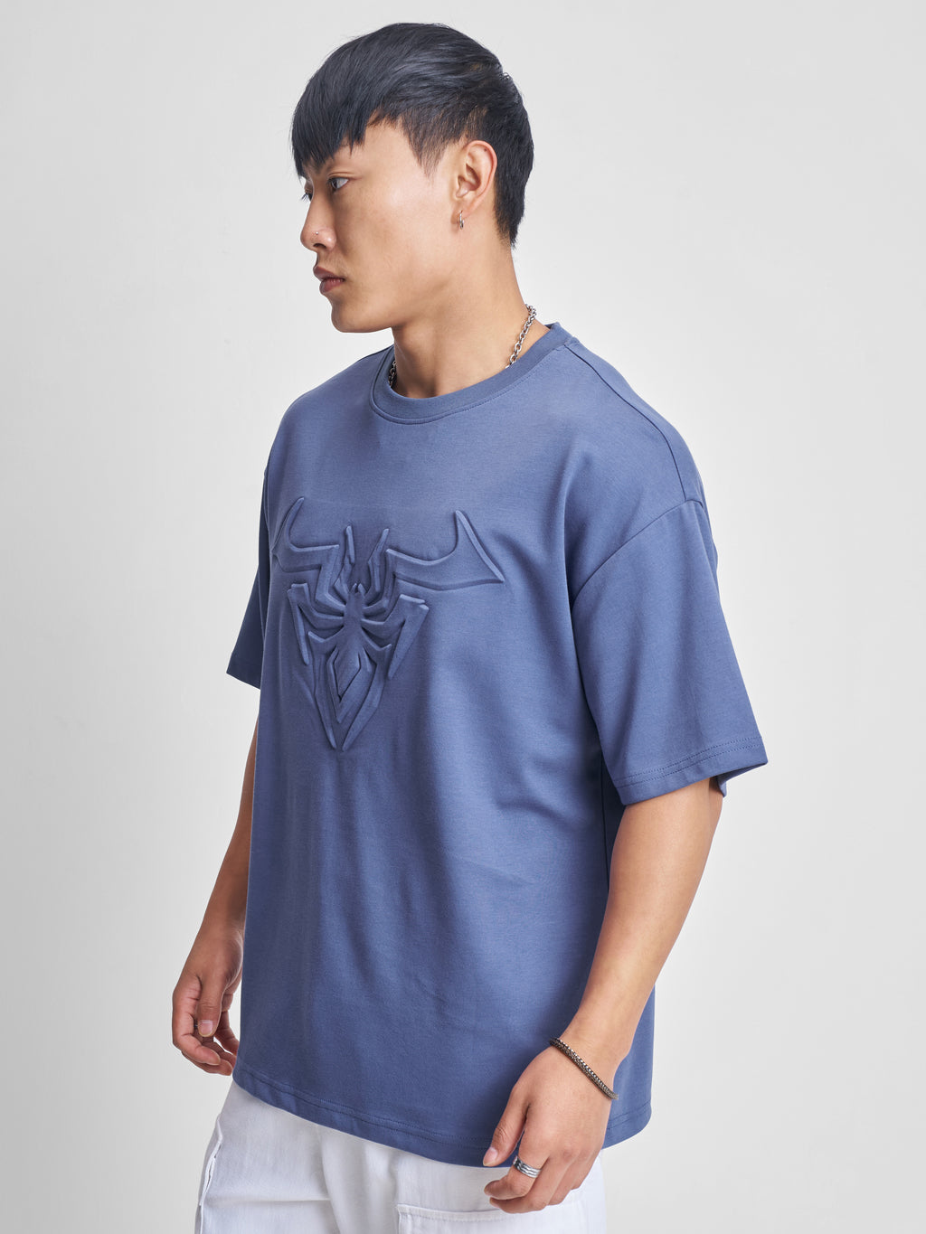 Marvel By Highlander Men Blue Spider-Man Self Design Round Neck Oversized Fit T-Shirt - Blue - Image 4