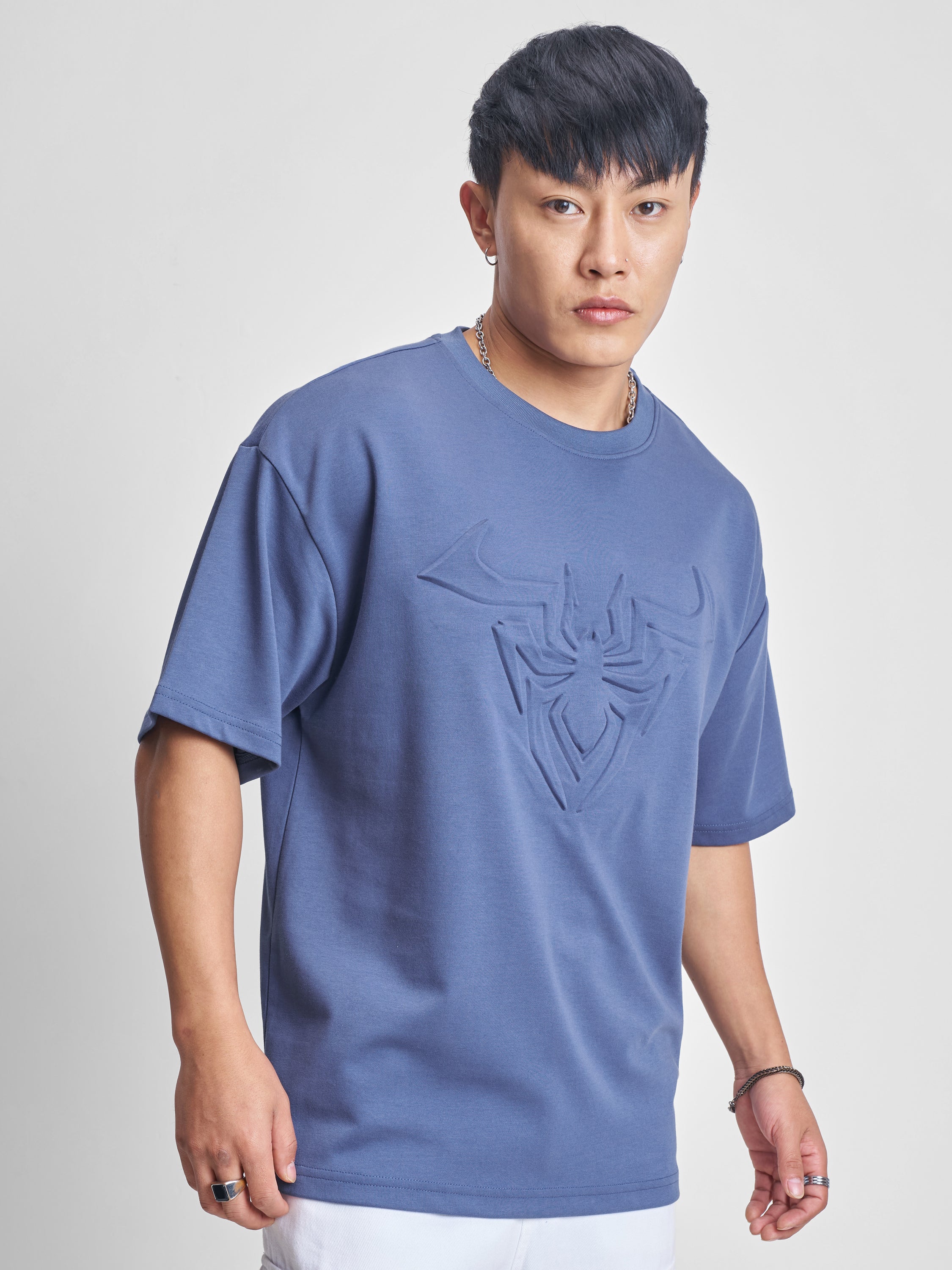 Marvel By Highlander Men Blue Spider-Man Self Design Round Neck Oversized Fit T-Shirt - Blue - Image 6